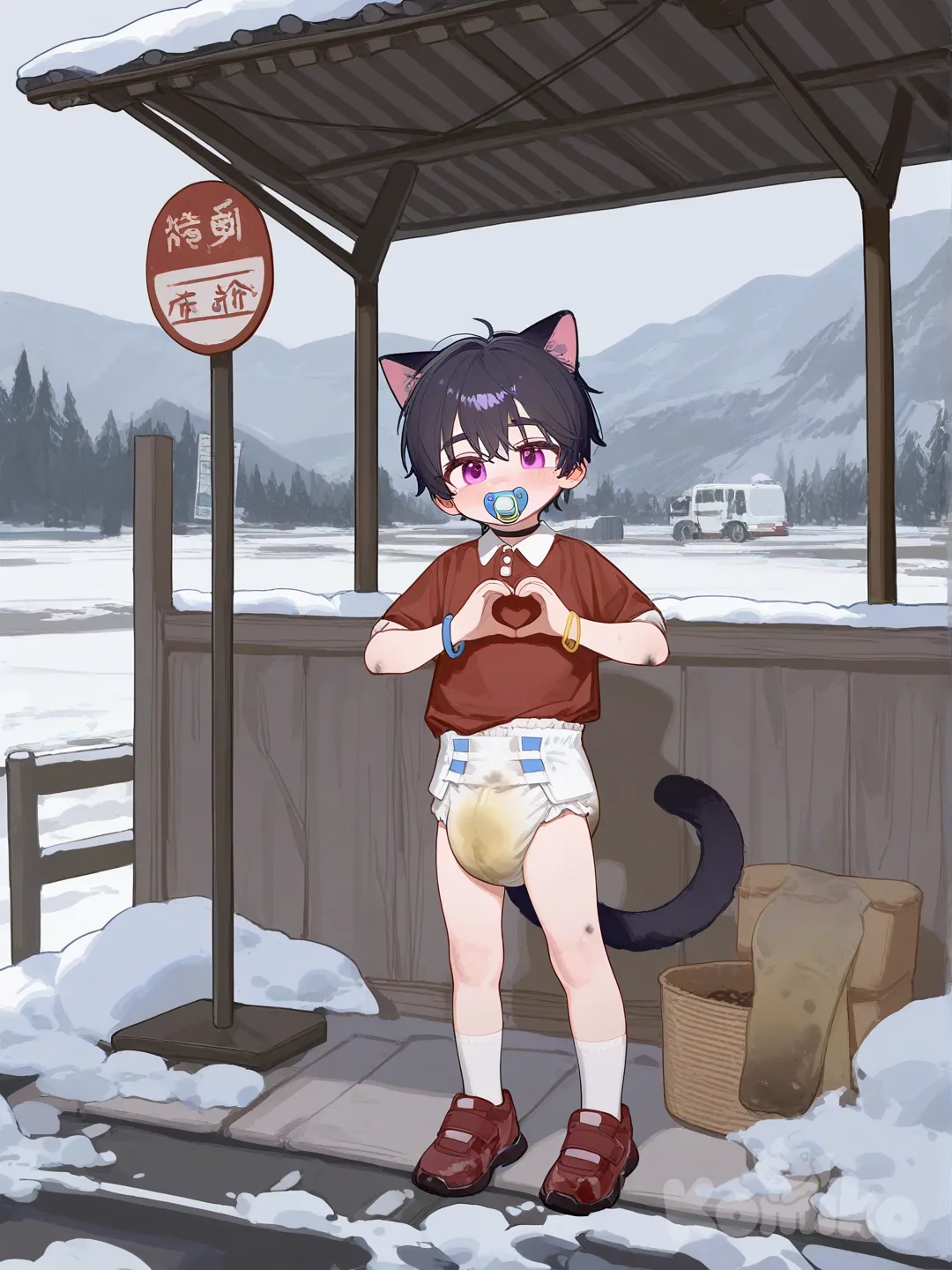 Baby Diaper, poofy diaper, full diaper, thick diaper, 1boy, baby , cat ears, cat tail, heart hands, polo shirt, closeup, full body, bus stop, looking away, smile, over dirty diaper, realistic diaper , blush, choker, bracelet, poop in diapers, big messing in diapers , head tilt, A pacifier in your mouth, pee, [lacquered-illustration-style], snowy, litel
