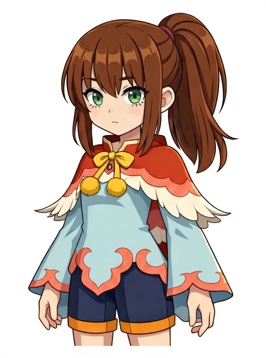 1girl, short_hair, brown_hair, green_eyes, fair_skin, medium_breasts, ponytail, single character, full body, looking at viewer, anime style, simple background, white background