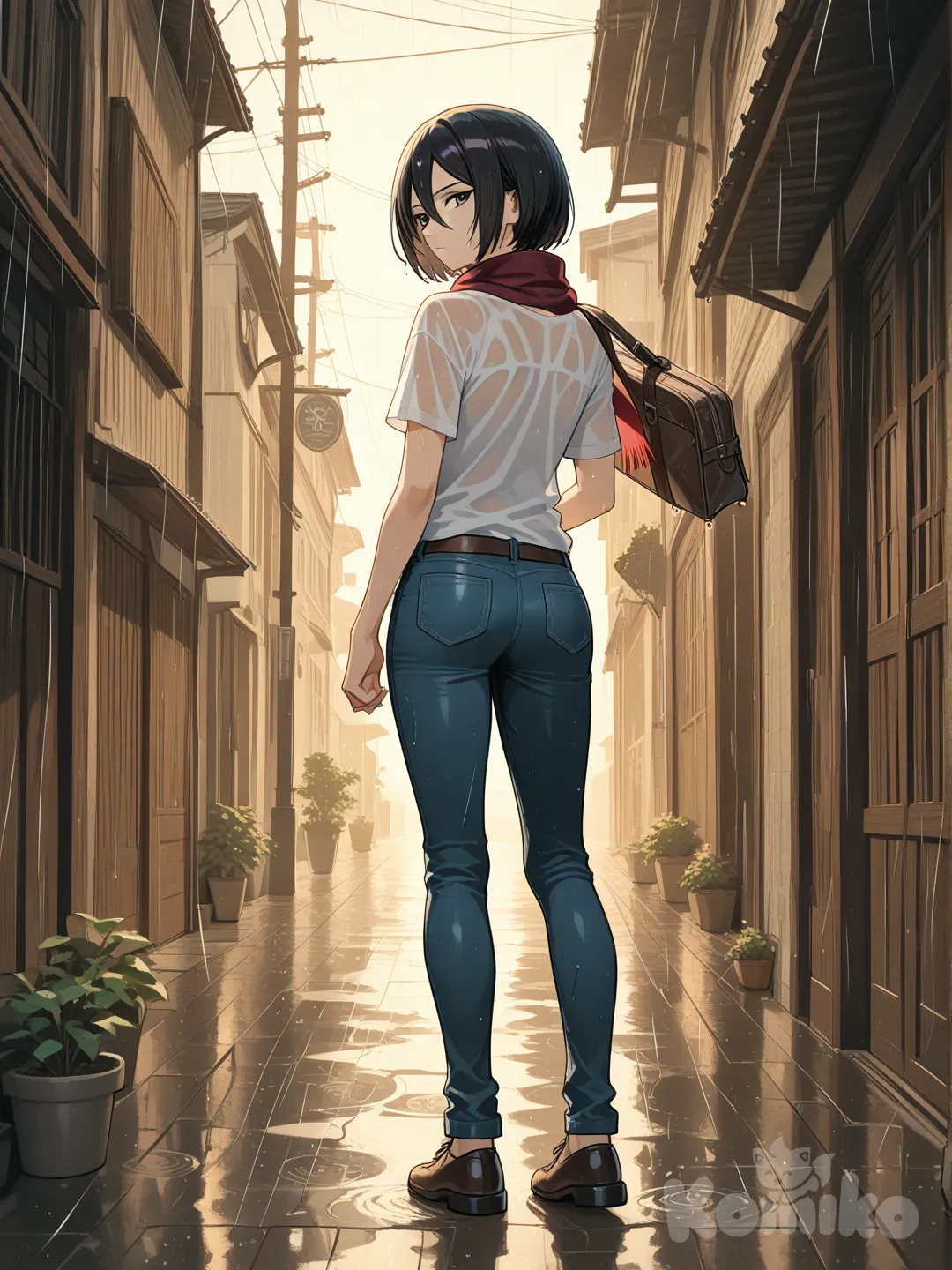Mikasa Ackerman, looking back, disappointed, jeans, t-shirt, tie, bob cut, full body, closeup, ambient light, rainy