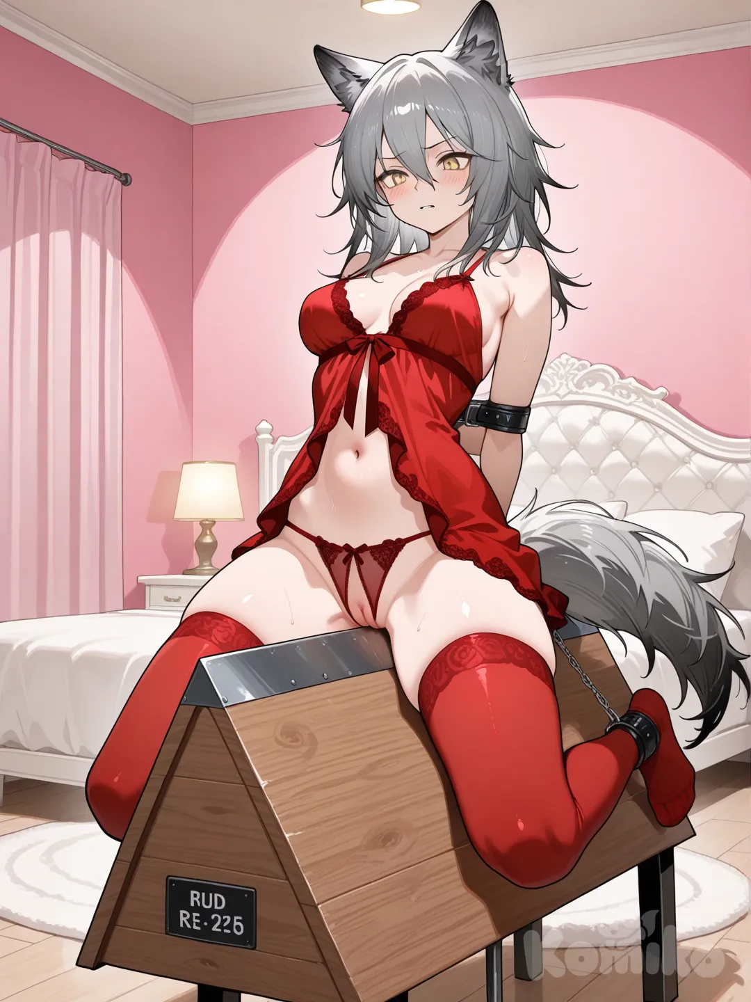 full body, clothed sex, show breasts, show vulva, Wolf Tail, Medium bust, Open-Crotch Panties, 性感睡裙(red), Over-the-knee Socks(red), @Projekt_Red_(Arknights), 在女性房间里, 女性被绑在木马上面