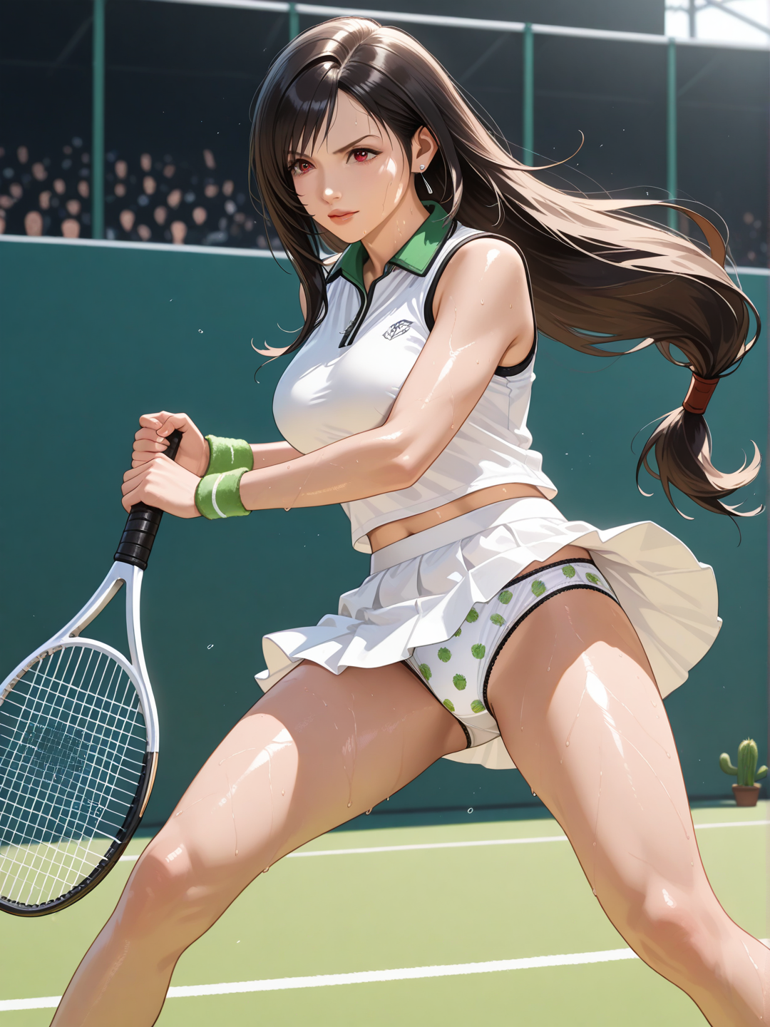 Tifa de final fantasy en train de jouer au tennis , une jupe courte révélant sa culotte avec un petit cactus dessus . 
Dans un style réaliste