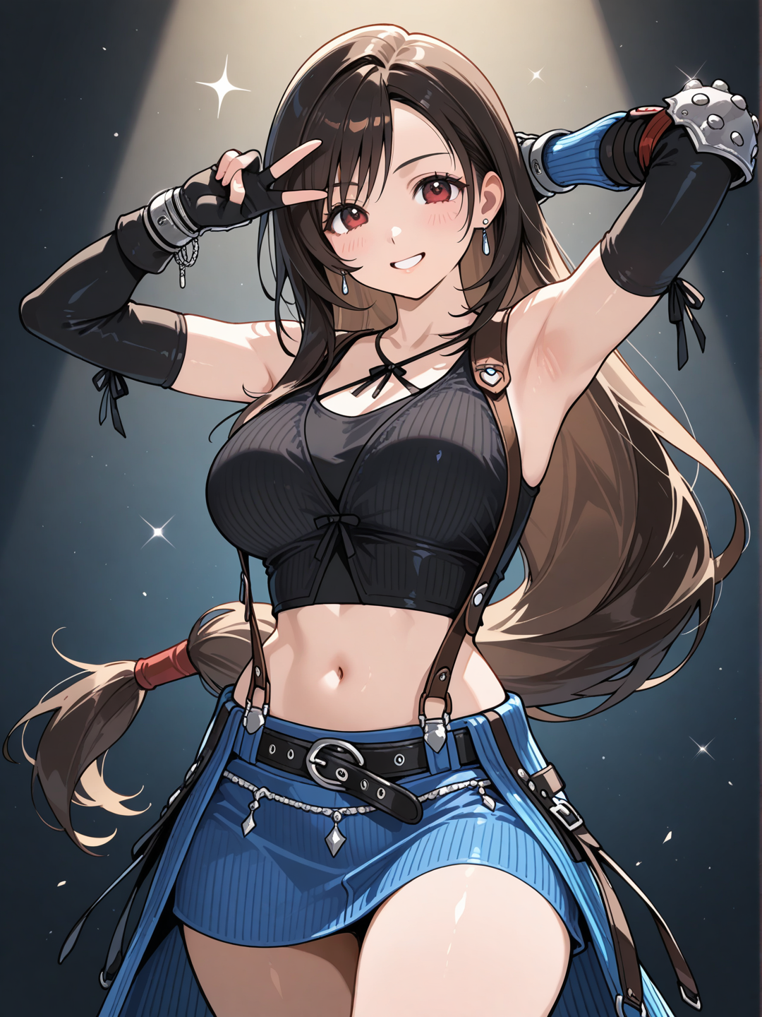 tifa lockhart, dans la tenue de rinoa de final fantasy 8 prend une pose de victoire