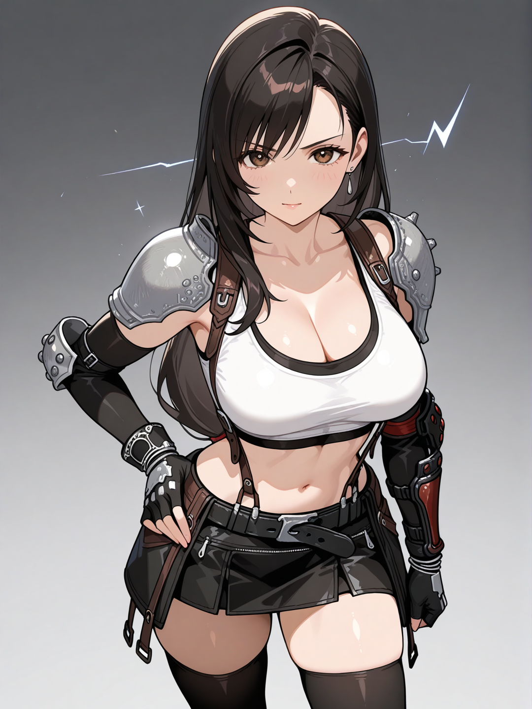 tifa lockhart, dans la tenue de lightning de final fantasy 13 , prend une pose sensuelle avec une expression de guerrière