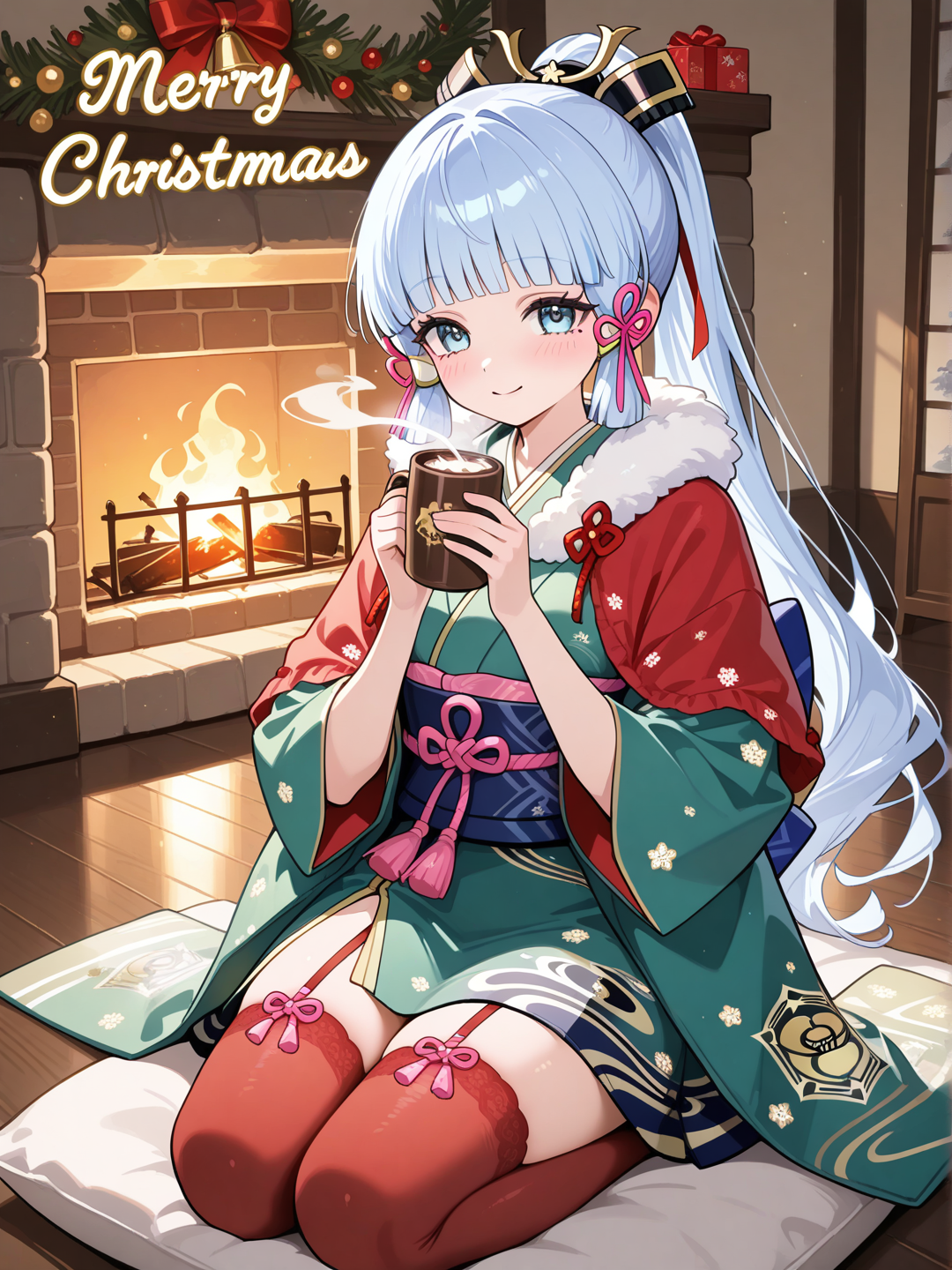 Kamisato Ayaka habiller d un kimono vert et rouge au motif de noel , boit un chocolat chaud assise confortablement en face d'une chemine , laissant entrevoir une jambe et des bas rouges 
Souriante et souhaitant un joyeux noel