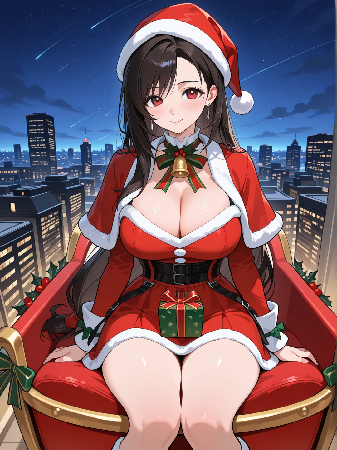 tifa lockhart, en tenue de mère noel , jupe courte , décolleté , bonnet de noel , survole le ciel de la ville de midgar de final fantasy 7 , dans le traineau du père Noël tiré par les rennes 
Une expression joyeuse elle lance des cadeaux dans le ciel en direction des foyers au sol
