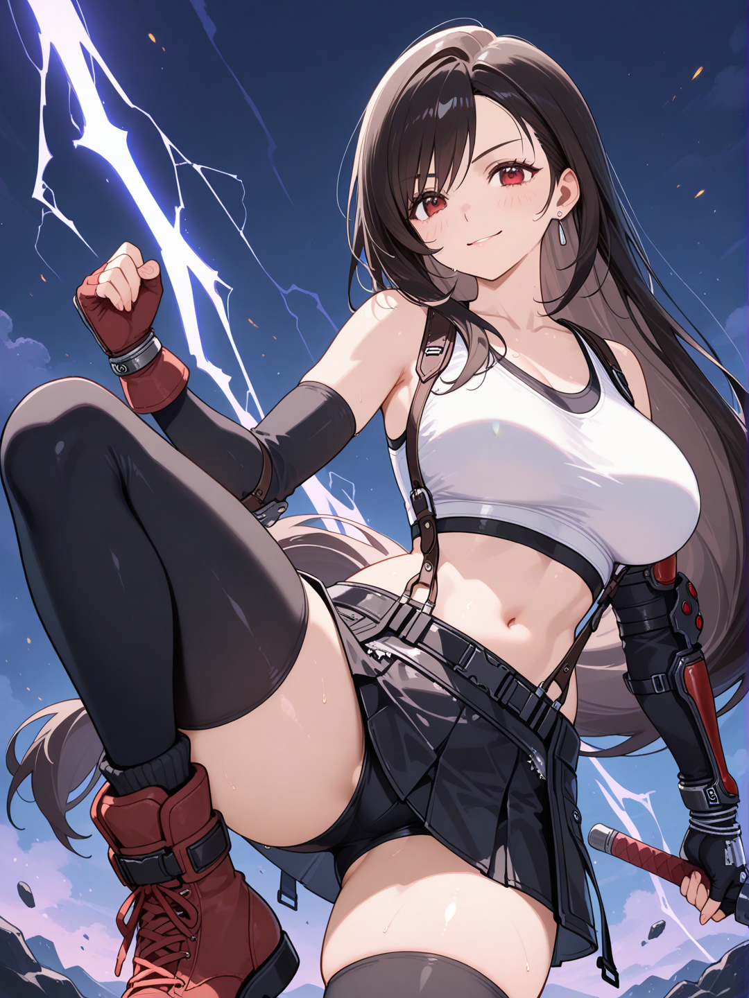 tifa lockhart, dans la tenue de lightning de final fantasy 13, se prépare à combattre un monstre de feu.
Elle est blessé et sa tenue en parti déchirer