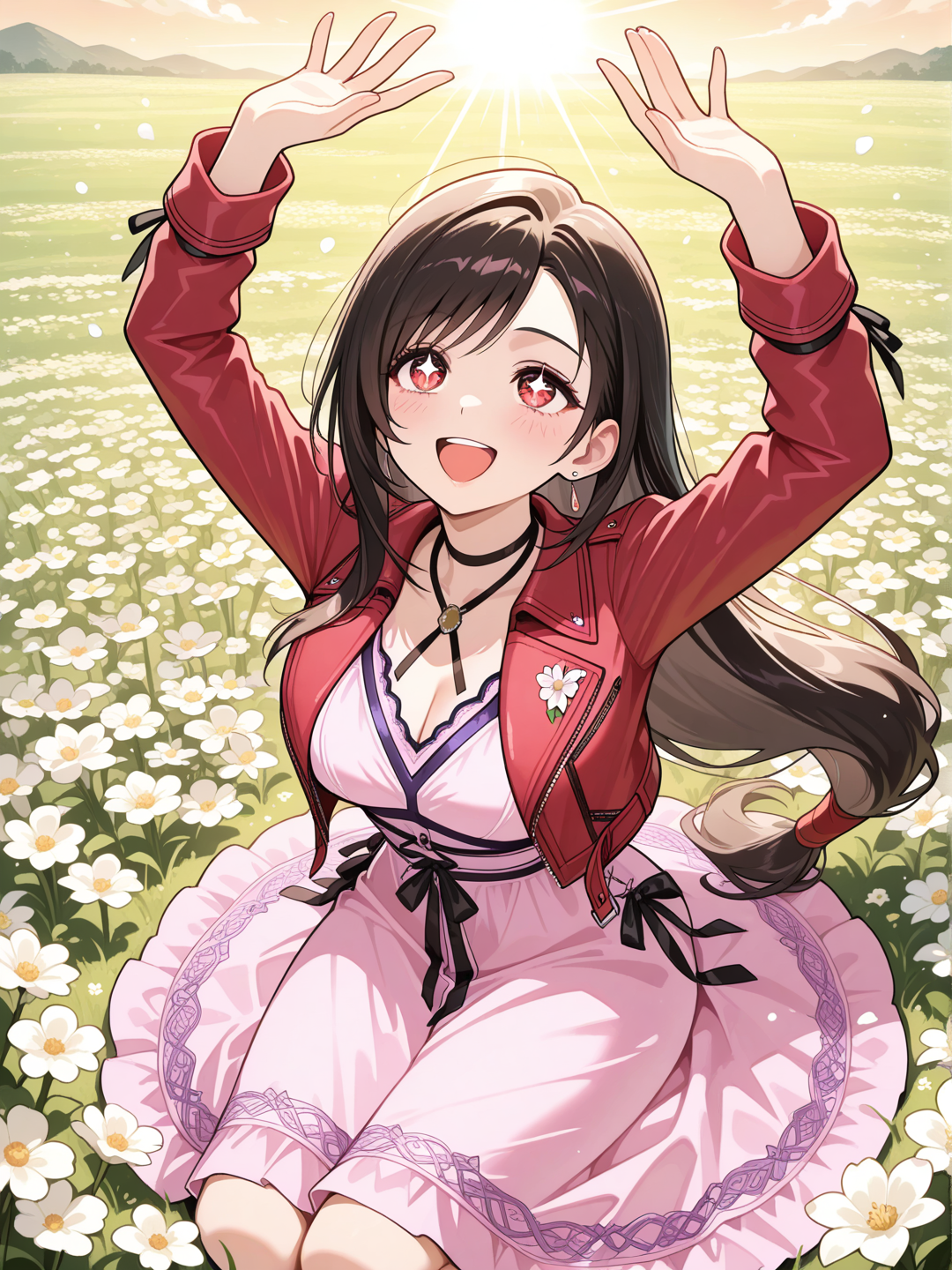 tifa lockhart, habiller dans la tenue d aeris Gainsborough, est agenouiller dans un champ de fleur les mains au ciel , une expression de joie , les yeux brillants regardant le soleil