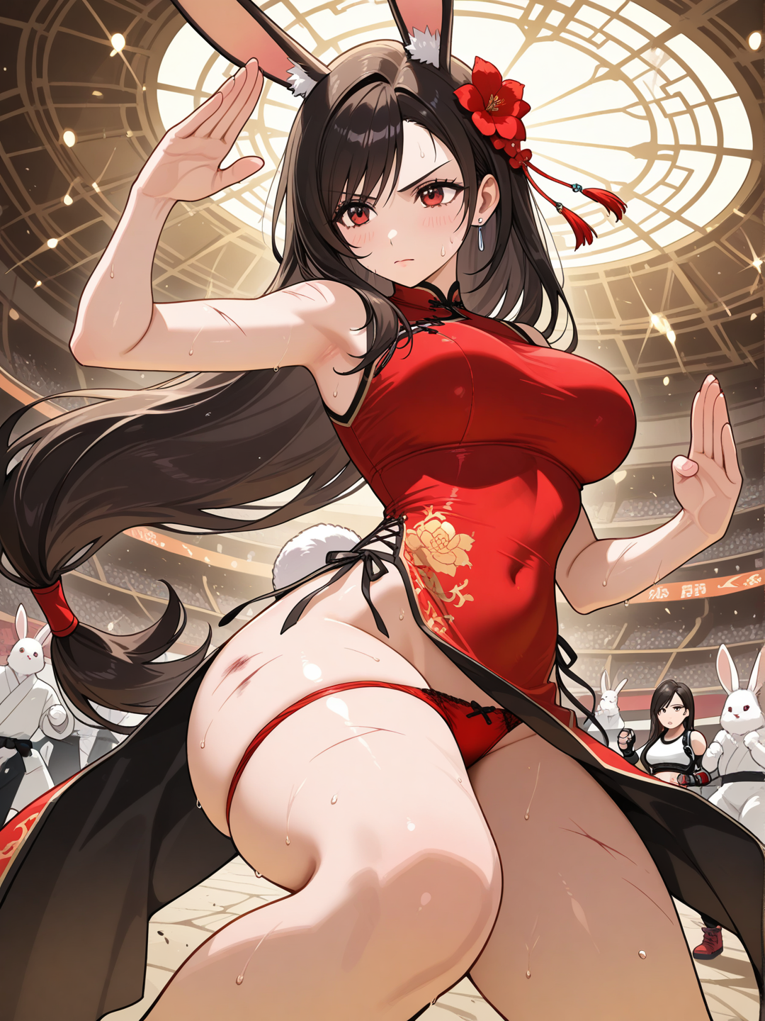 tifa lockhart, dans un qipao couleur noir et rouge , montrant ses cuisses et dévoilant une culotte rouge . Ses cheveux longs et lisse orné d'une petite broche de fleur rouge .
En position de combat t'ai chi, dans une arène de combattants lapin blanc .

Elle a une expression déterminé , montrant un combat rude