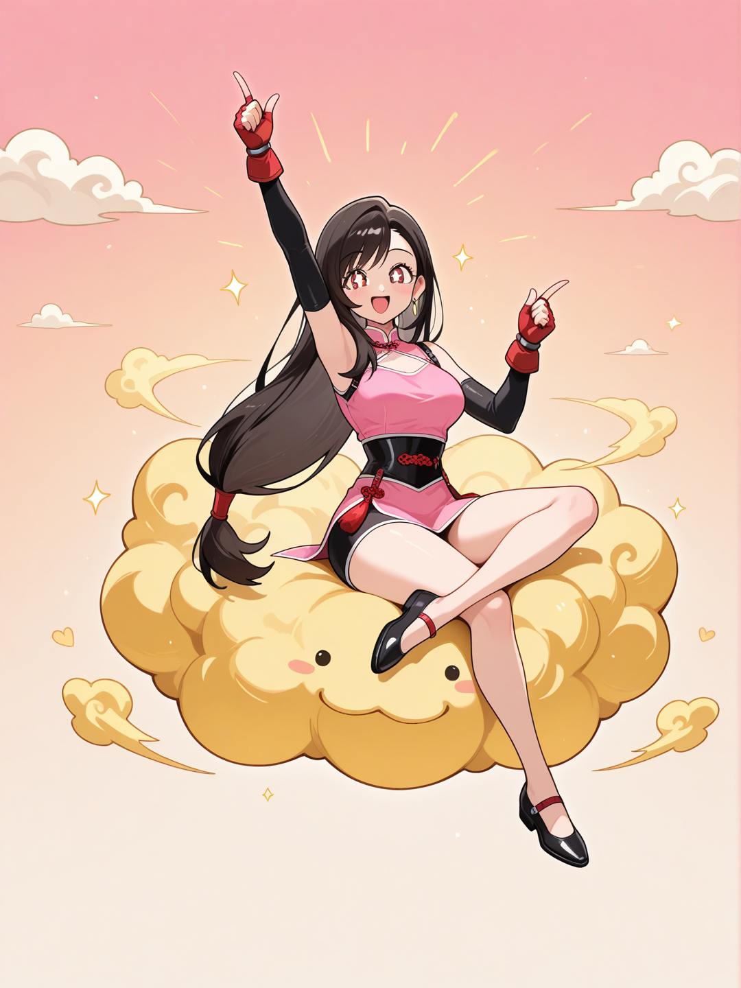 tifa lockhart, dans la tenue de chichi de dragon ball , en position de tailleur sur le nuage jaune volant de Sangoku, pointe du doigt le ciel les yeux pétillant une expression de joie