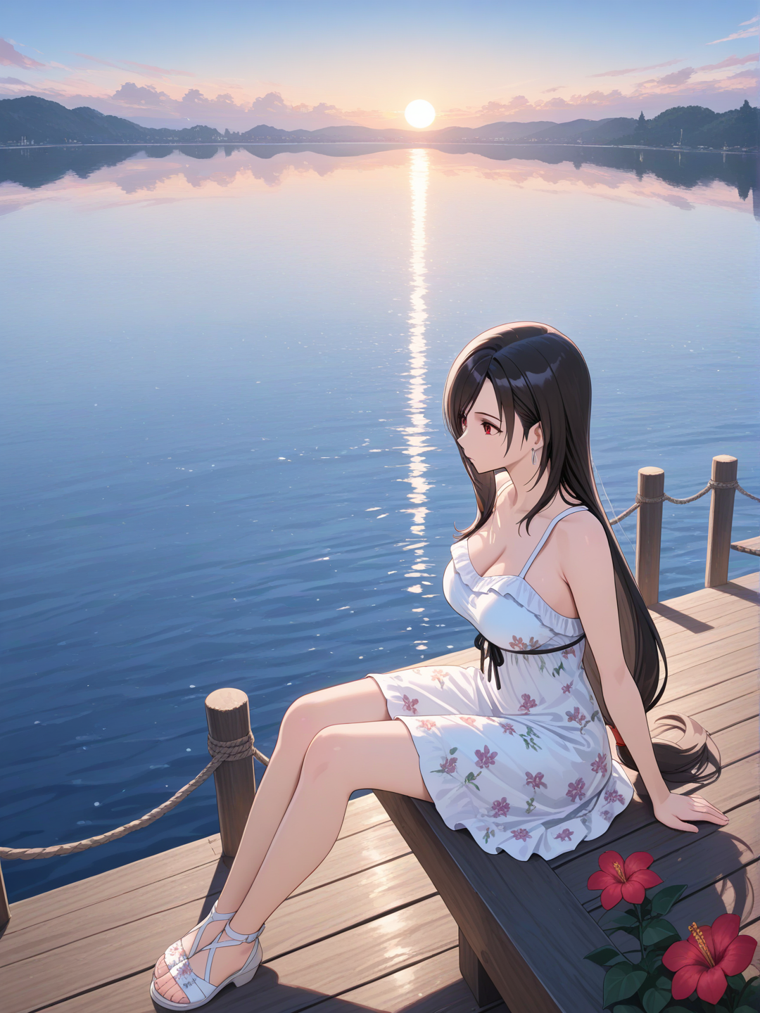 Tifa Lockhart, dans une robe d été blanche a fleur rouge , est assise au bord d un ponton près d un lac , elle regarde vers le lac une expression pensive.
Le soleil se reflète sur ce lac , l horizon brille , un très beau panorama d été