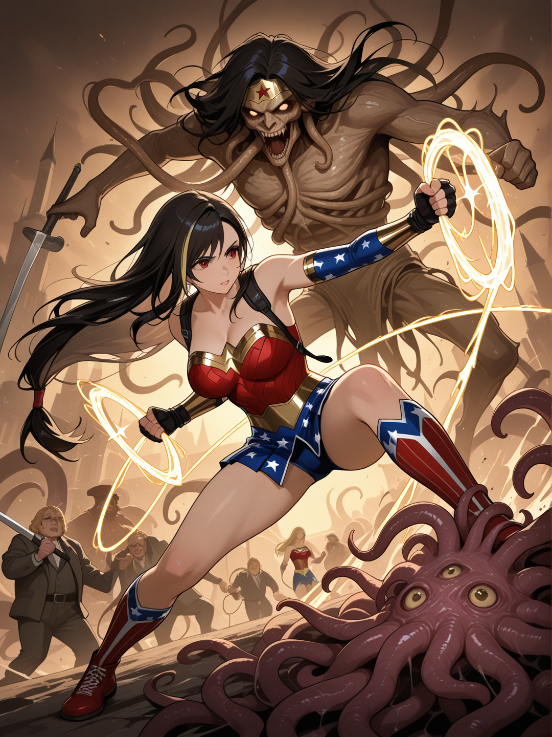 tifa lockhart, dans une magnifique tenue de Wonder woman, les cheveux noirs avec des mèches blondes 
Elle tient avec un lasso en or un monstre digne d un film de Stephen king , combattants l'un contre l'autre