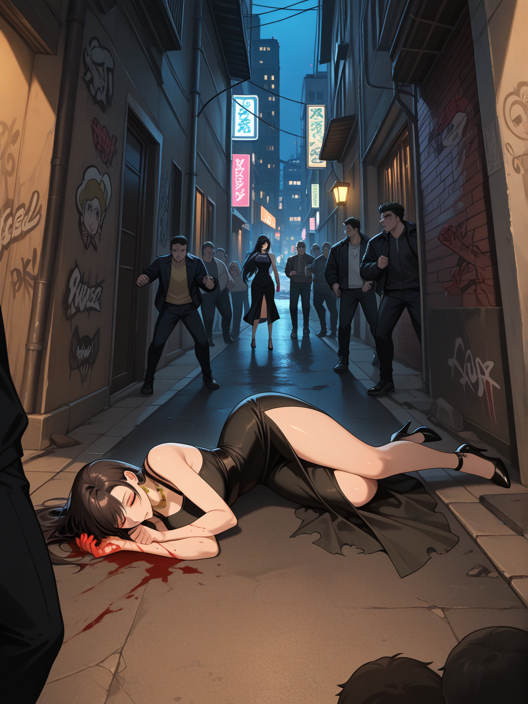 tifa lockhart, dans la tenue de Yor forger de spy x family , fait face a une bande de voyou dans une ruelle , ses vêtements sont légèrement déchirer mais ne montre aucune partie nue de son corps , on peut voir du sang sur ses mains et que des voyou sont asssome par terre