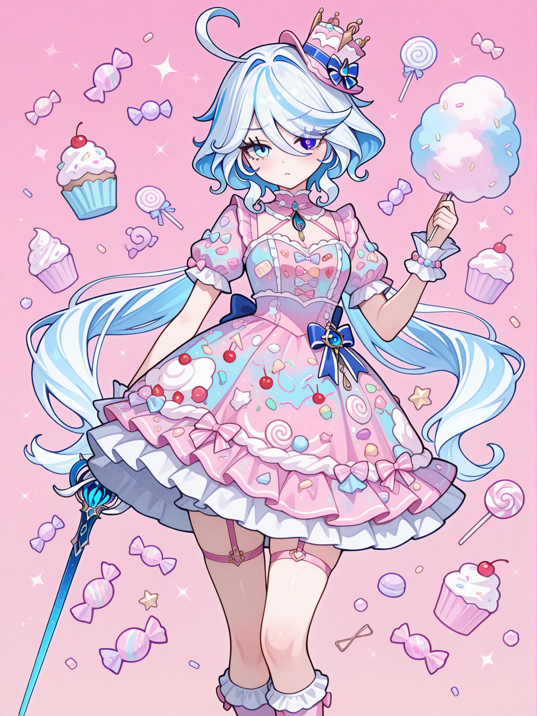 furina (genshin impact)dans une robe au thème bonbon friandises, une épée d escrime a la main , fait face a un cupcake géant trop mignon de la taille d un dinosaure , dans un environnement bonbon