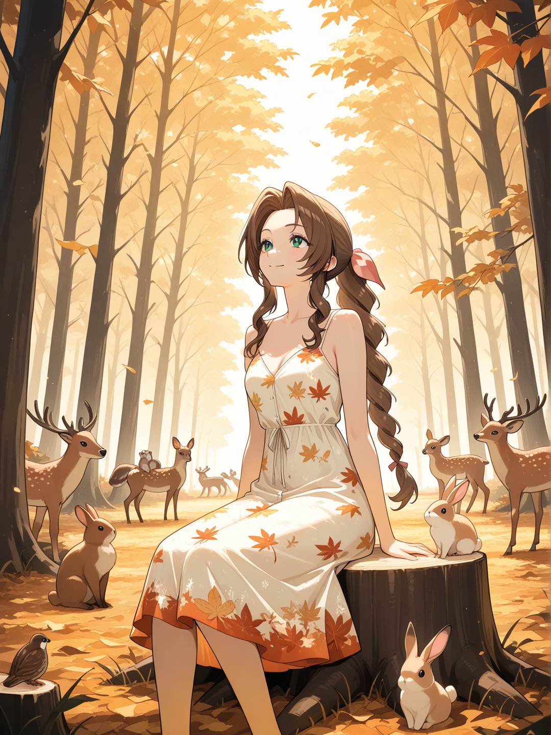 aerith gainsborough, dans une robe d été courte sur le thème de la nature feuille d automne , est assise sur une souche d arbre en forêt , elle contemple le ciel le sourire au lèvre , quelques animaux de la forêt autour d' elle