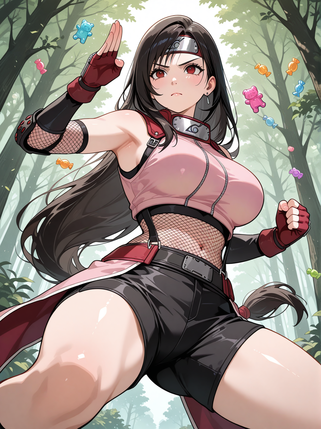 tifa lockhart, dans la tenue de sakura haruno de naruto, dans une position de combat ninja affronte un ours bonbon géant