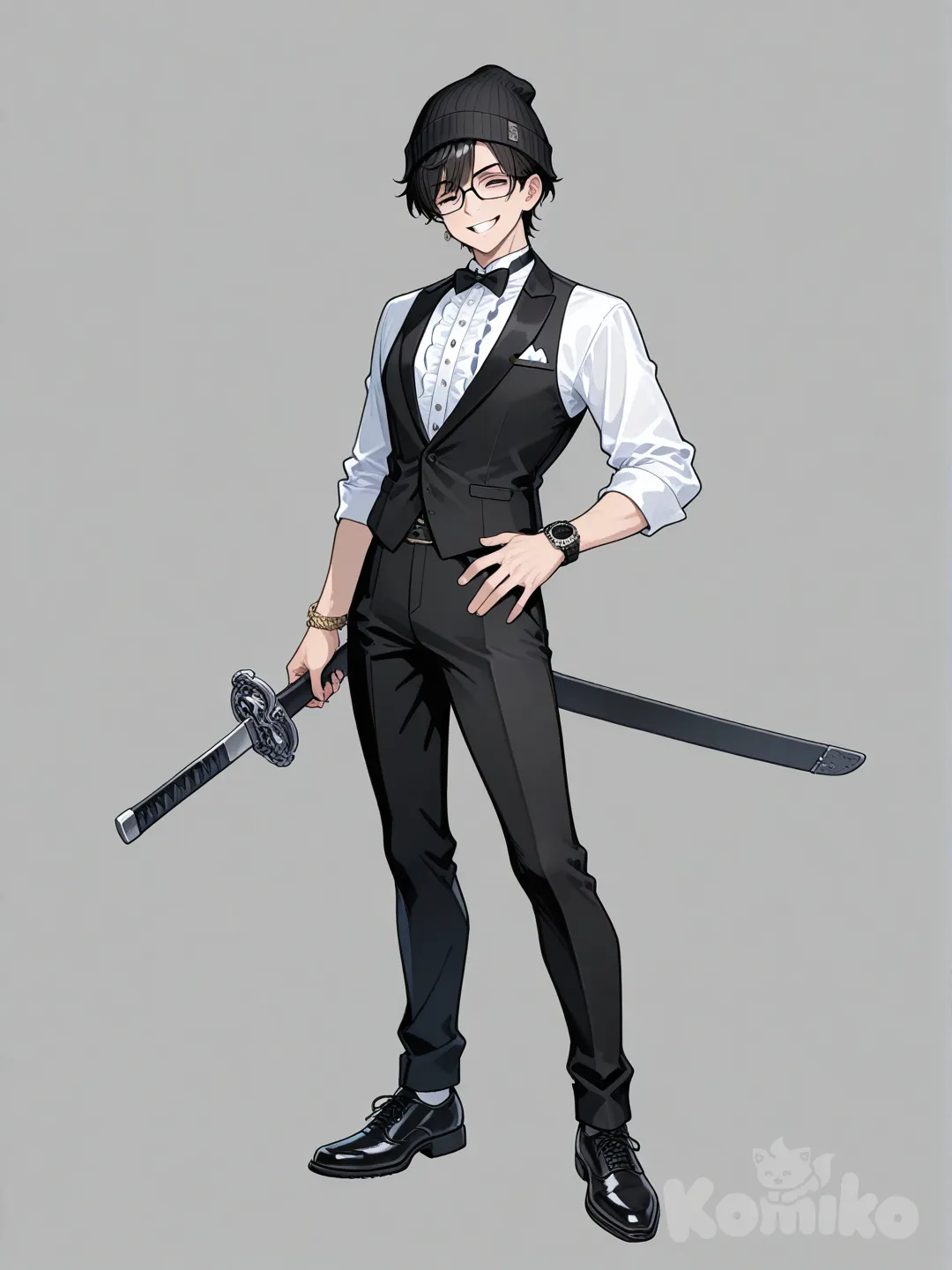 1boy, holding sword, evil smile, tuxedo, ruffles, beanie, glasses, digital watch, bracelet, necklace, bow, full body