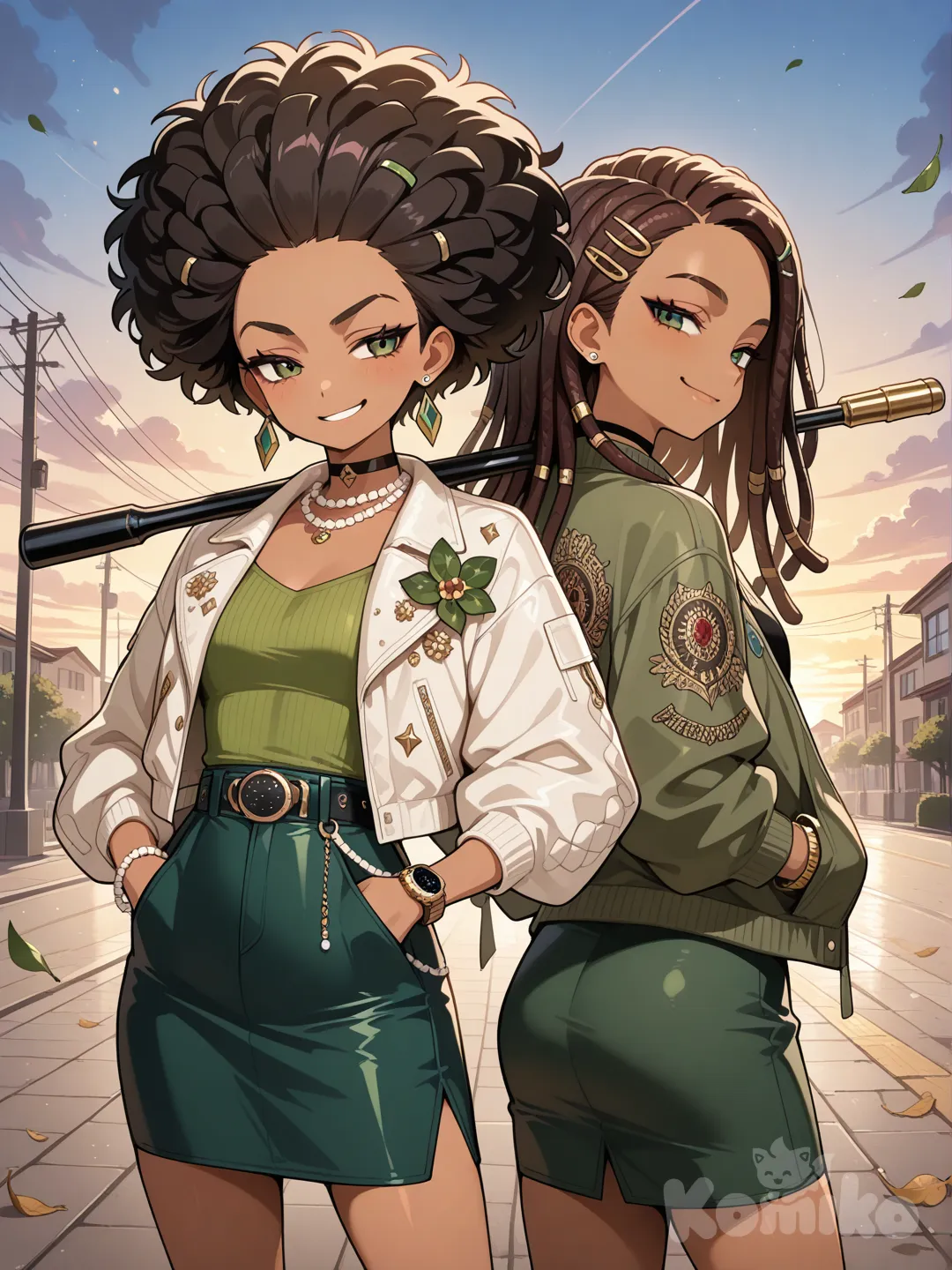 2girls, hands in pockets, back to back, smirk, henley shirt, pencil skirt, studs, sherpa, earrings, necklace, choker, pearls, jewelry, diamonds, bracelet, digital watch, hair accessory, corsage, afro, dreadlocks, olive green, fuchsia, full body, cowboy shot, twilight, leaves falling