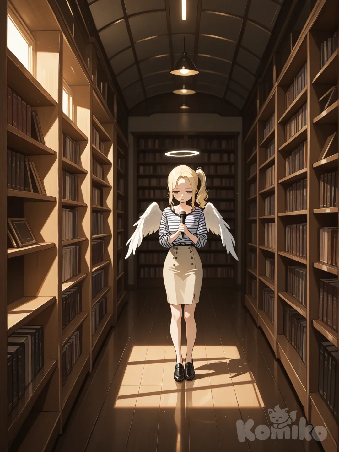 1girl, singing, depressed, striped shirt, pencil skirt, lace, angle wings, side ponytail, side part, khaki, full body, depth of field, neon lights, side light, library