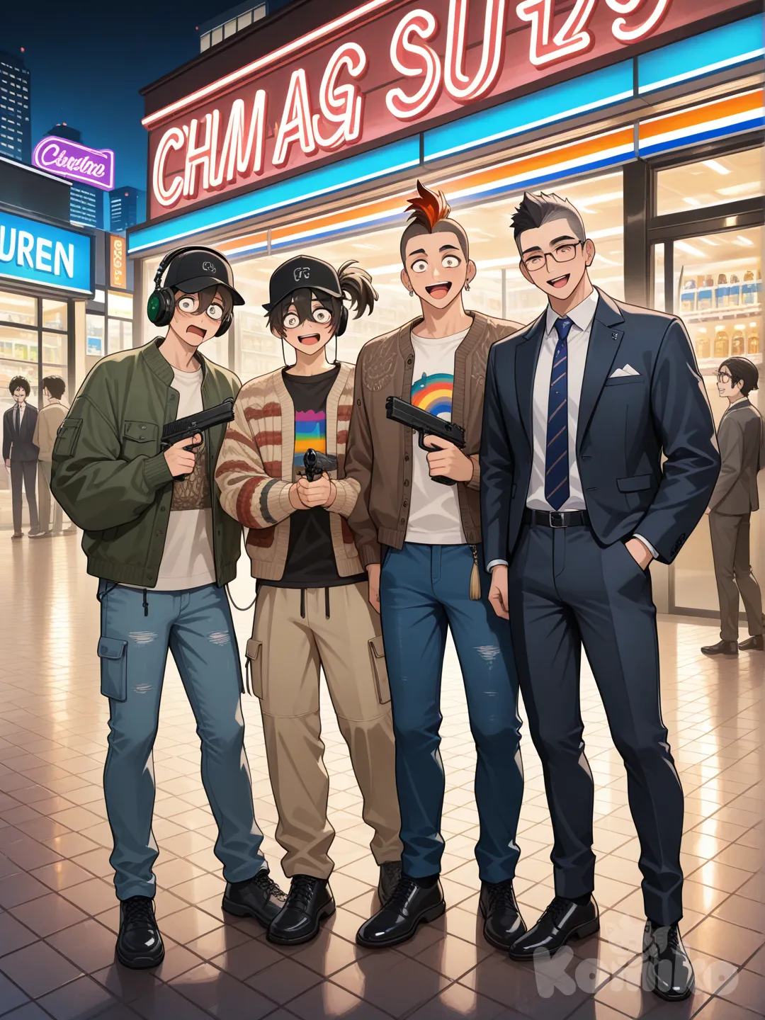 1boy, 2boys, gathering together, holding gun, laughing, shocked, t-shirt, knitted cardigan, bohemian shirt, suit pants, jeans, cargo pants, tassels, sherpa, earrings, baseball cap, tie, glasses, headphones, side ponytail, mohawk, khaki, burgundy, rainbow, looking at viewer, full body, city lights, ambient light, gym, cafe, convenience store