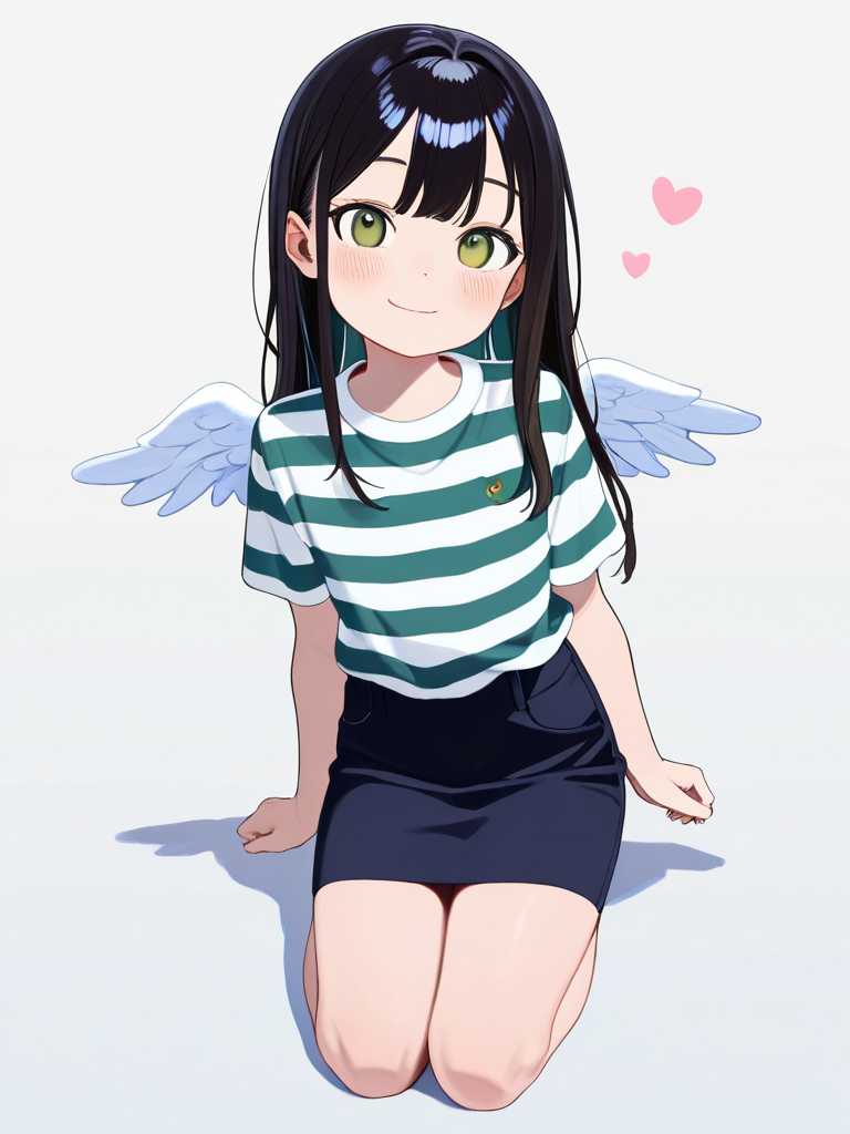 1girl, one_piece style, solo, teen, petite, black_hair, green_eyes, dimple, striped_shirt, pencil_skirt, angel_wings, single character, full body, looking at viewer, simple background, white background
