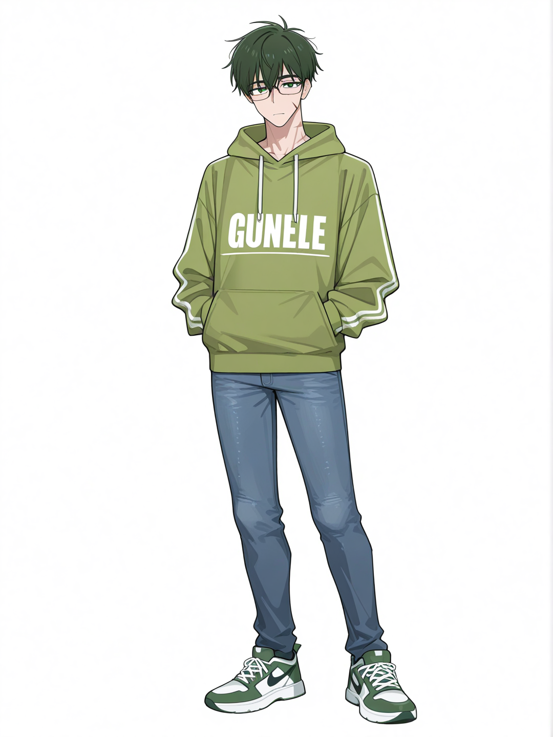 [toon-shaded-style] 1boy, american_comic_style, digital_color_comicbook_style, mature, slim, green_eyes, scar, fair_skin, hoodie, jeans, glasses, single_character, full_body, looking_at_viewer, simple_background, white_background
