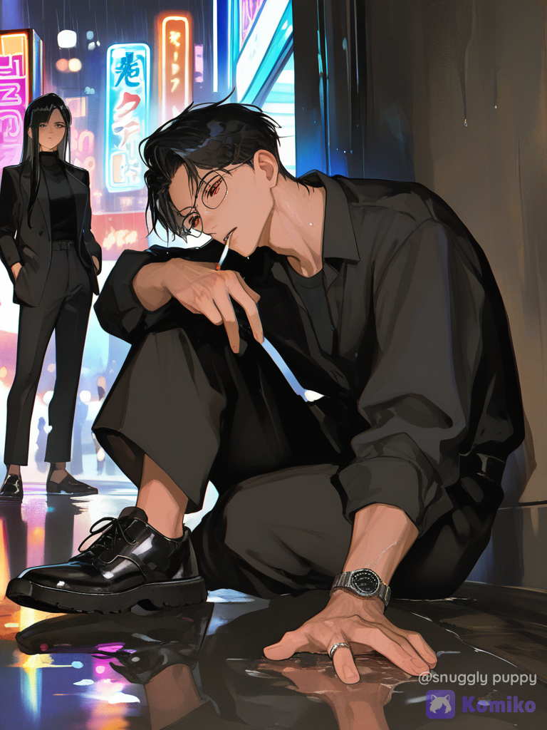 [high-contrast-manhwa-style], @mark-CC5h， 穿着黑色西装，左手给右手戴手套，嘴里叼着烟，向下俯视。雨天，戴眼镜，眼镜反光。阴暗小巷。背景为雨夜繁华城市，, depth of field, night, 1boy, 1girl, 2people Long-haired man with straight hair, red eyes, and glasses, on top of a woman.