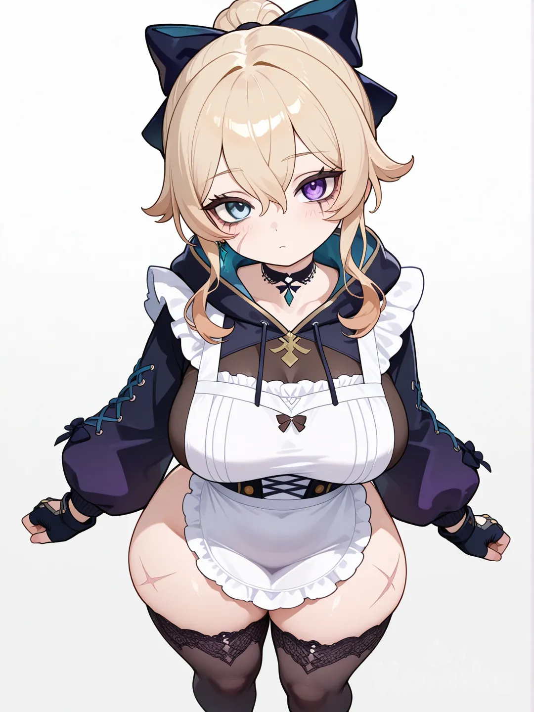 Jean (Genshin Impact), head tilt, hoodie, apron, ruffles, choker, headband, bow, earrings, spiky hair, from above, white background An extremely beautiful girl, really thicc, sexy as fuck, goth mommy, busty, short silver hair, left eye is blue right eye is purple, a subtle Russian accent, she is very pretty and cute, big doe eyes, adorable, scars all over her arms, legs, back and torso that are usually covered by long sleeves, fingerless gloves or socks, shortstack