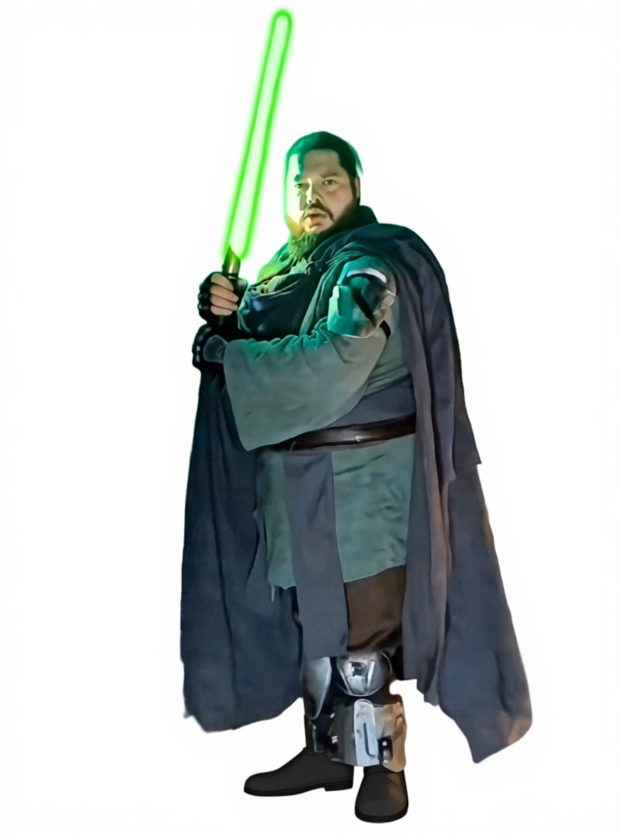 star wars character, green lightsaber, single character, full body, looking at viewer, anime style, simple background, white background