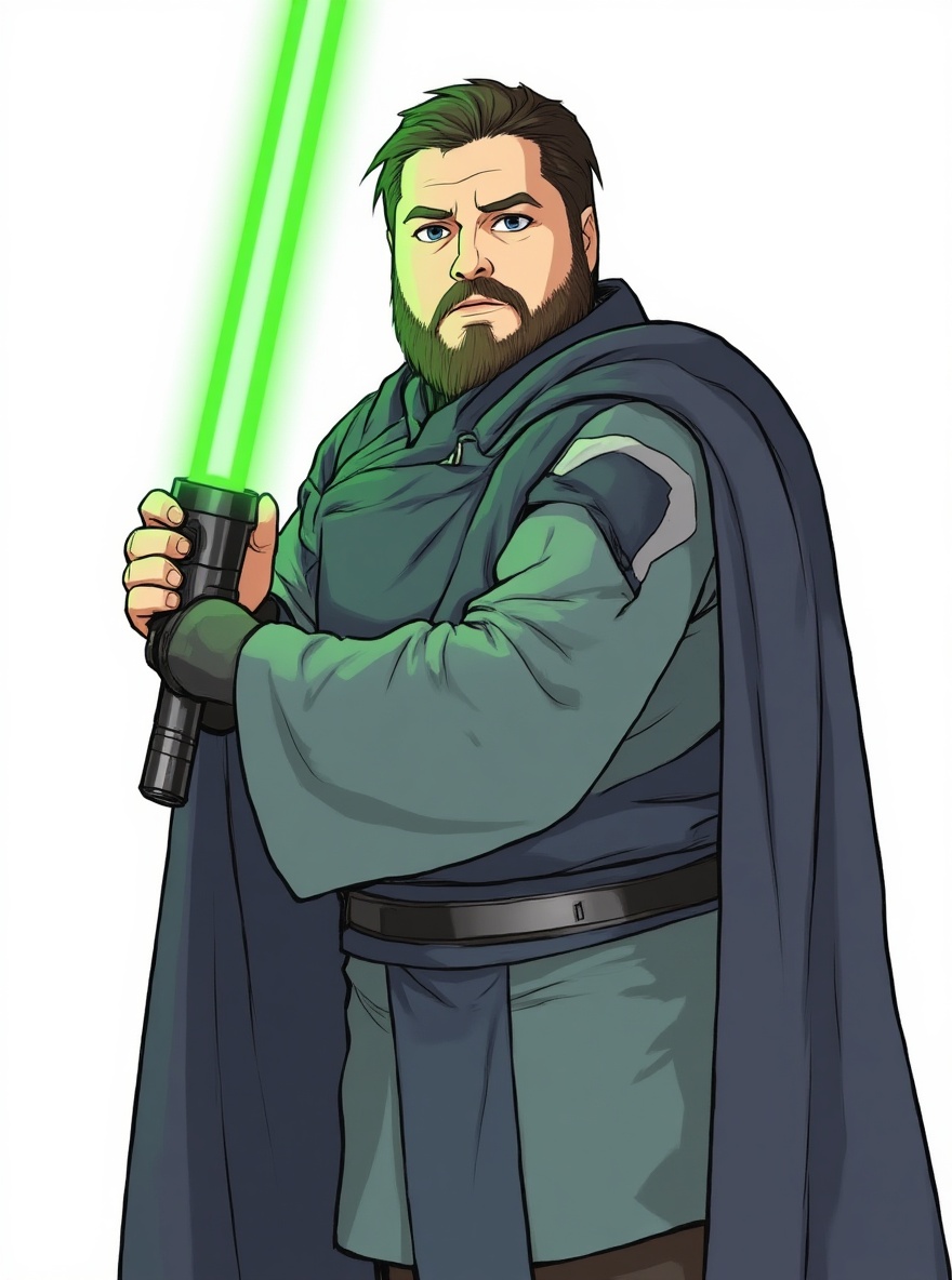 star wars character, green lightsaber, single character, full body, looking at viewer, anime style, simple background, white background