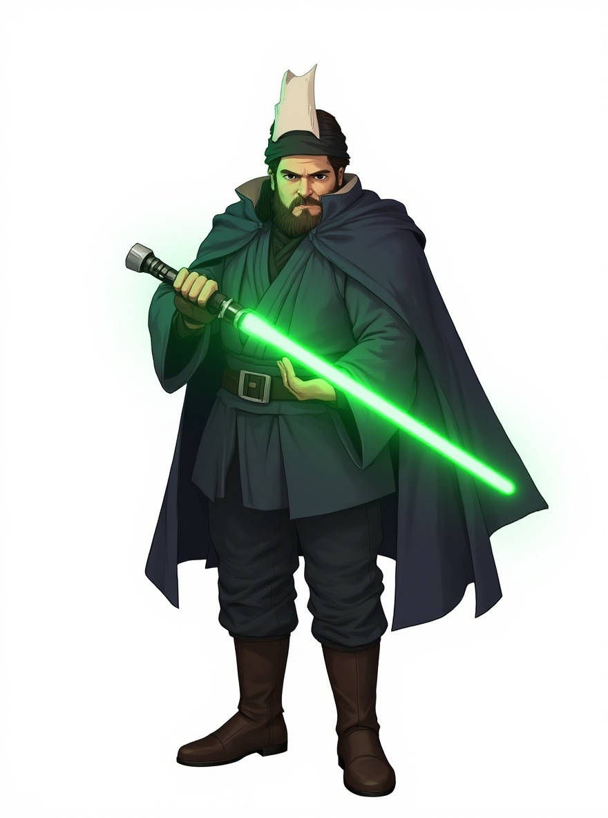 star wars character, green lightsaber, single character, full body, looking at viewer, anime style, simple background, white background