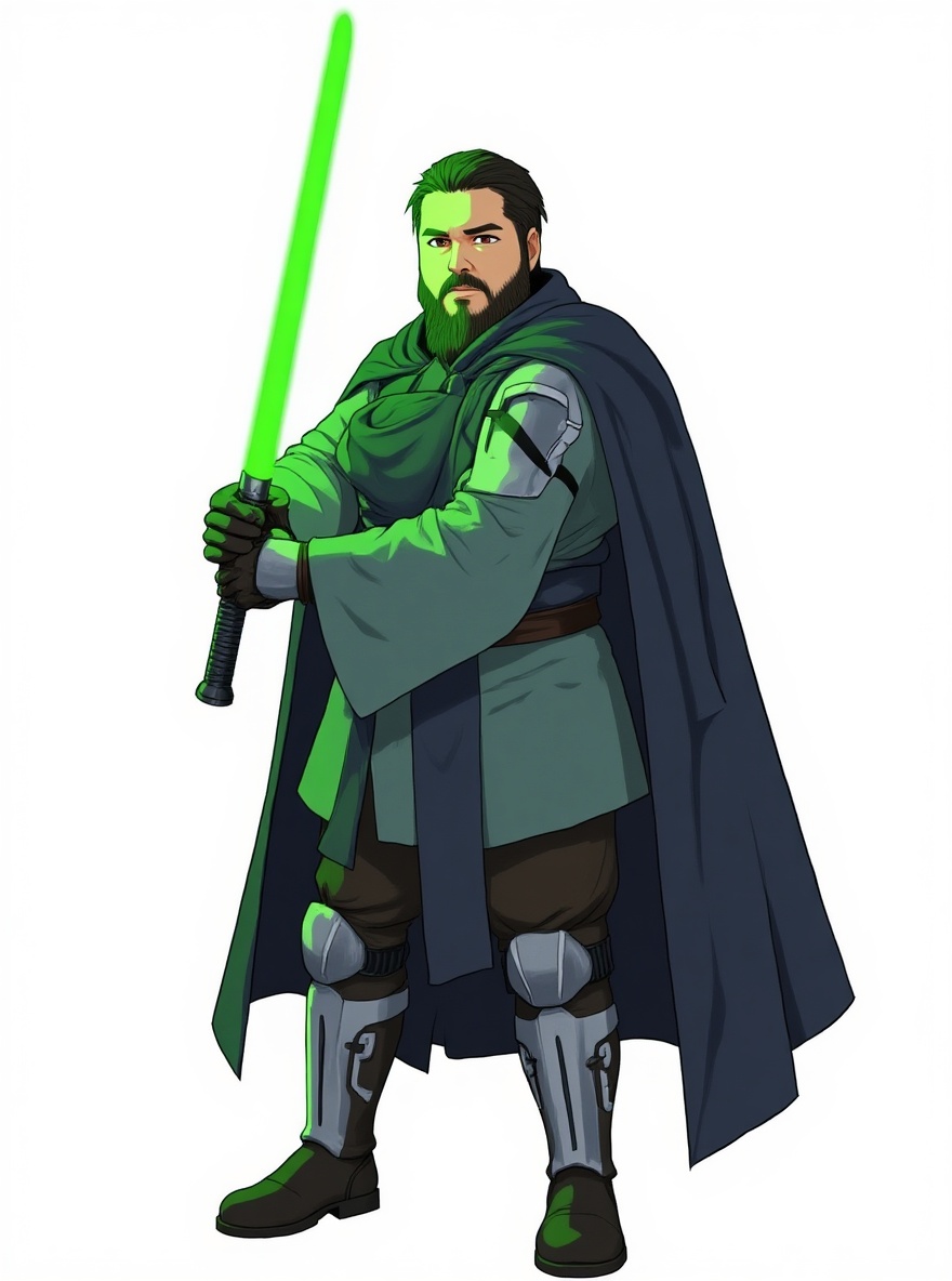 star wars character, green lightsaber, single character, full body, looking at viewer, anime style, simple background, white background