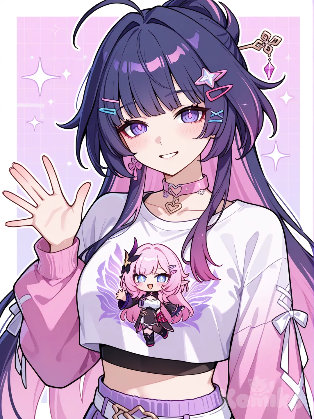 Raiden Mei (Herrscher Of Thunder), Elysia (Miss Pink Elf) (Honkai Impact)
둘이 하나로 합쳐진 모습이거든? 메이랑 엘리시아의 외형이 적절히 섞여 있고、머리에 합체 헤어핀이 한 쌍 꽂혀 있어。, waving