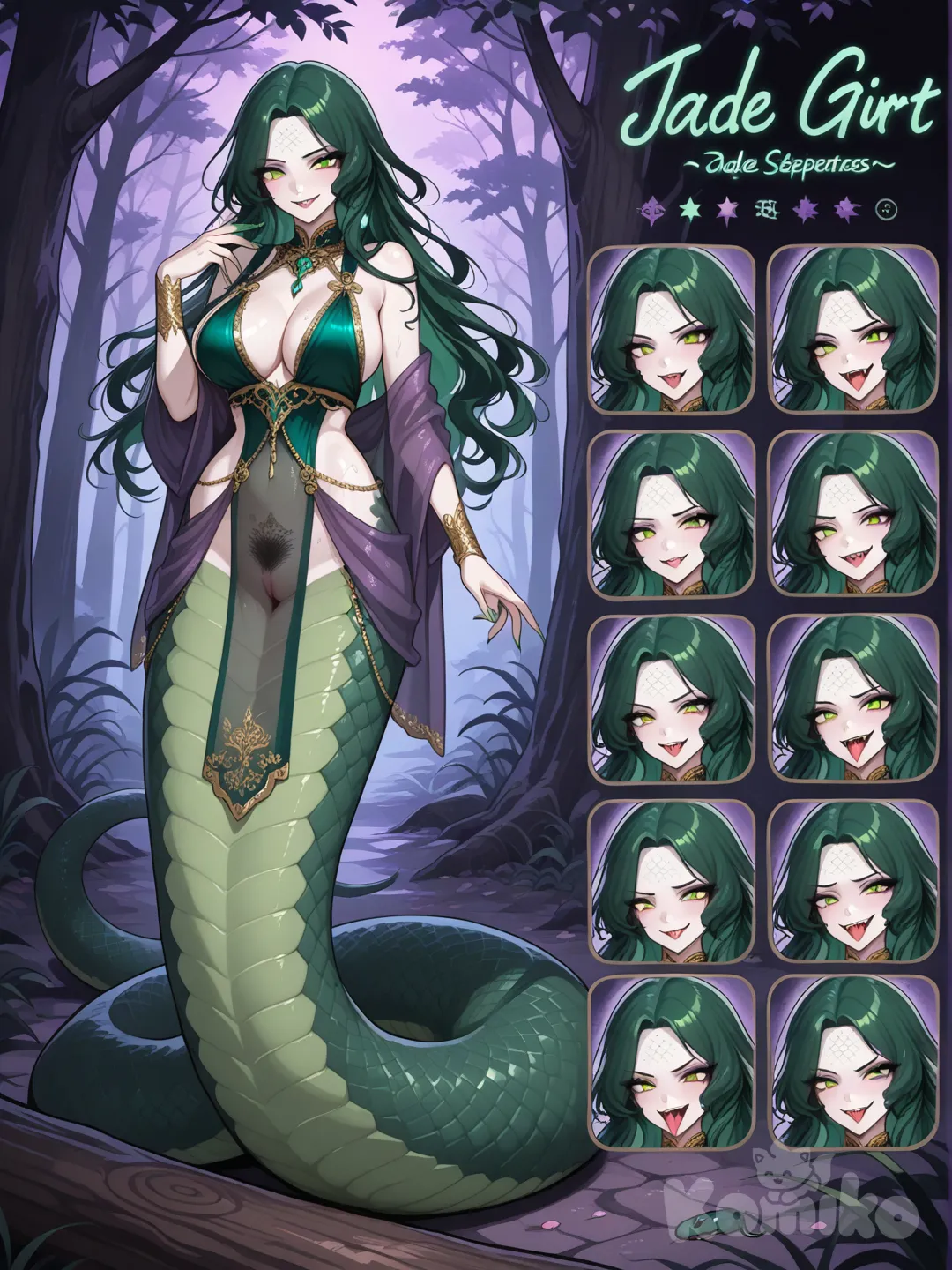Archive Log Ω-CHAR-04: Full Panoramic Deep Character Concept Breakdown Sheet
Central Illustration
Full-body dynamic pose: Thanh xà tinh nữ quấn quanh thân cây cổ thụ, thân trên ngẩng cao, đầu hơi cúi nhìn xuống lens với ánh mắt mê hoặc, miệng hé lộ lưỡi rắn chẻ đôi. Thân hình uốn lượn như rắn, eo thon nước, ngực nở sâu, da trắng ánh xanh ngọc, vảy mỏng lấp lánh dọc sống lưng.
Clothing Layer Separation

Layer 1 (Outer): Thanh lục sắc cổ đại bụng兜 (yếm xanh), vải lụa mỏng bó sát, viền vàng thêu hoa văn rắn quấn.
Ghi chú tay viết: Vải lụa Tần châu cao cấp, độ mỏng 5D, ánh xanh ngọc dưới sương mù tím.
Layer 2 (Lower): Chỉ một lớp mỏng sa xanh trong suốt che hạ thân, gió thổi tung lộ hết.
Ghi chú: Thiết kế cố ý để gió nâng, lộ vùng kín đặc viết, vảy rắn mỏng lan xuống đùi.
Layer 3 (Private Innerwear): Không nội y, hạ thân hoàn toàn khỏa thân, âm bộ đặc tả rõ ràng.
Ghi chú: Vacuum hoàn toàn, lông mu đen mượt hình tam giác ngược, môi âm hồng hào tự nhiên.

Expression Sheet (4 góc close-up)

Calm: Mắt híp dài, lưỡi rắn nhẹ liếm môi, biểu cảm lạnh lùng mê hoặc.
Ghi chú: Bình tĩnh săn mồi, đuôi rắn quấn chặt cây.
Smile: Cười mị hoặc lộ răng nanh nhỏ, lưỡi rắn thè ra dài.
Ghi chú: Dục vọng trỗi dậy, mắt long lanh tím mộng.
Surprised: Mắt mở to hình khe, miệng há lộ nanh, thân hơi co lại.
Ghi chú: Bất ngờ, vảy dựng đứng, má ửng hồng.
Angry: Mắt nheo sắc lạnh, lưỡi rắn phun xèo xèo, thân uốn cong tấn công.
Ghi chú: Giận dữ, khí độc tím tỏa quanh, nanh nhọn lộ rõ.

Material Close-ups

Vải bụng兜 xanh: Texture lụa bóng ánh ngọc, viền vàng thêu rắn uốn lượn, sideboob tràn đầy.
Ghi chú: Chất lụa cổ đại, độ đàn hồi cao, ôm sát làm lộ rõ bầu ngực và khe sâu.
Da & vảy rắn: Da trắng mịn ánh xanh, vảy mỏng xếp lớp từ eo xuống đùi, chạm nhẹ rung động.
Ghi chú: Vảy thanh xà thật, mỗi vảy kích cỡ 1cm, ánh tím mộng dưới khói sương.

Small Object Texture Details

Lưỡi rắn: Dài chẻ đôi, hồng hào ướt át.
Ghi chú: Lưỡi xà tinh biến hóa, nhạy cảm, liếm nhẹ gây tê liệt.
Móng tay: Dài nhọn sơn xanh ngọc, ánh độc.
Ghi chú: Móng rắn độc, sắc bén chứa nọc mê tình.

Associated Items (Life slice)

Cây cổ thụ rừng sâu: Vỏ cây xù xì, thân nàng quấn chặt.
Ghi chú: Cổ thụ nghìn năm, nơi xà tinh tu luyện.
Khói sương tím mộng: Lượn lờ quanh thân, tạo không khí huyễn hoặc.
Ghi chú: Yêu khí thanh xà, hít phải dục hỏa bùng phát.
Ngọc bội rắn xanh: Đeo eo, hình rắn cuộn tròn.
Ghi chú: Bảo vật xà tinh, tăng sức hút mê hoặc nhân gian.

Overall Notes
Ghi chú tay viết tổng: Nhân vật chính: Thanh xà tinh – yêu nữ chuyên quyến rũ nuốt chửng nhân tâm. Phong cách: Thần thoại huyễn hoặc + cực độ dâm mị. Ánh sáng: Tím mộng từ sương khói, tạo bóng đổ gợi cảm trên da thịt và vảy rắn.