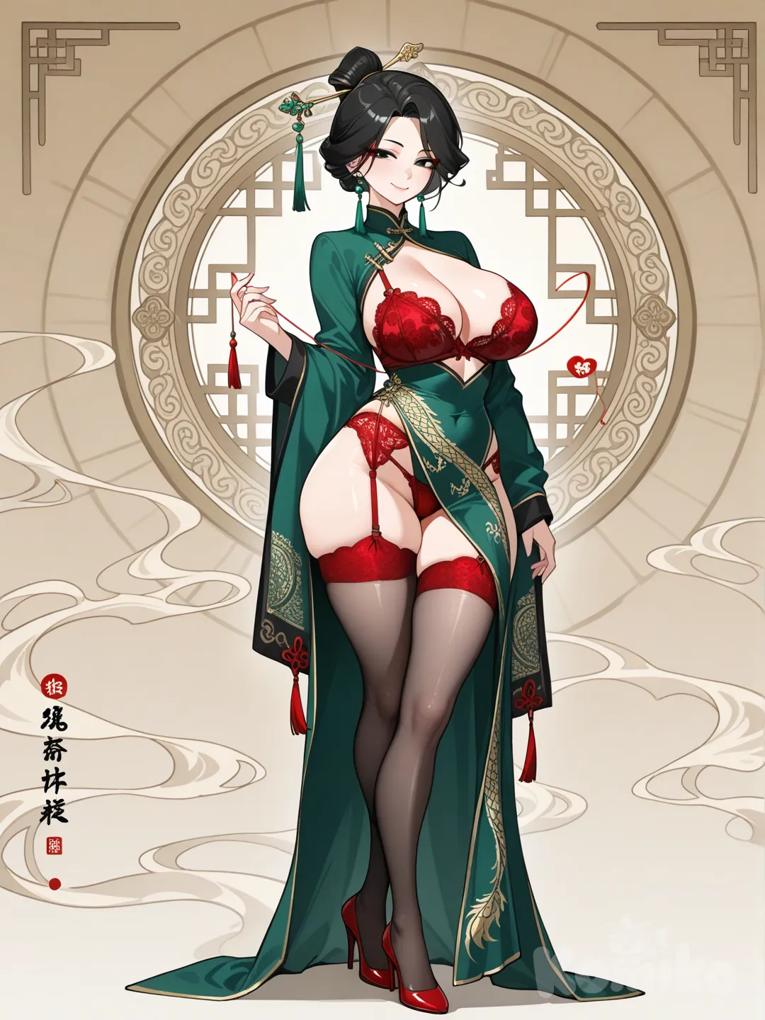 === CONCEPT ARCHITECT REPORT: LUAN YANZI (湶妍子) ===
Project Style: Manga
Tier Context: Tier 4 (Borderline)

--- CENTRAL ILLUSTRATION ---
Pose: Confident standing posture with one hand adjusting a hairpin, the other relaxed, highlighting the high slit.
Hair: Black hair in an elegant updo secured by a golden hairpin with jade beads and tassel.
Eyes: Sharp black eyes with distinctive red eyeliner.
Body: Mature, voluptuous hourglass figure with emphasized curves and wide hips.

--- CLOTHING DECONSTRUCTION ---
Outer: Emerald green satin cheongsam with gold dragon embroidery, featuring a plunging neckline with loosened red ribbon ties and hip-high side slits.
Mid: Sheer black thigh-high stockings with intricate red lace garter belts visible through the dress slits.
Inner: Minimalist red lace lingerie set with delicate straps.
Private: An intimate composition focusing on the unfastened cheongsam revealing the heavy contours of the chest, paired with a rear view emphasizing the structural tension of the red lace thong straps against the hips.

--- EXPRESSION MATRIX ---
Calm: Neutral sharp gaze with a subtle closed-mouth smile and elegant composure.
Smile: Warm open smile with eyes softened by a flirtatious glint.
Surprised: Widened eyes with playful shock and tongue tip slightly visible.
Angry: Narrowed eyes with a mischievous smirk and teasing tongue gesture.

--- MATERIAL & OBJECTS ---
Materials: High-gloss satin texture with raised gold thread embroidery and red ribbon accents., Fine mesh pattern of the sheer black stockings with glossy highlights indicating curvature.
Accessories: Golden hairpin with intricate traditional design and dangling jade bead tassel., Jade earrings with pearl drops showing cool stone textures., Glossy patent black high-heel pumps with red soles.
Life Items: Hanging jade bead chain with decorative tassel., Traditional Chinese border frame with geometric patterns., Eye detail variants showing specific red liner styles., Detail of red lace texture swatch., Stylized incense smoke trail for atmosphere.

--- ARCHITECTURAL NOTES ---
- Emerald satin qipao – provocative open front, high slits for leg exposure, gold embroidery for luxury.
- Red lace garter set – minimal coverage, enhances extreme curves and stocking hold.
- Sharp black eyes with red liner – seductive confidence, playful tongue for teasing.
- Glossy satin and sheer nylon – light-catching for sensual sheen.
- Traditional elegance – jade hairpin central, beads for refined movement.

--- TIER LOGIC ---
Tier 4 implemented by focusing on the 'seductive mature' archetype through high-contrast silhouettes and suggestive clothing disarray (loosened ties, high slits) rather than explicit biological detail. The sensuality is driven by the texture of the sheer stockings and the implication of the lingerie beneath the satin.
================================
