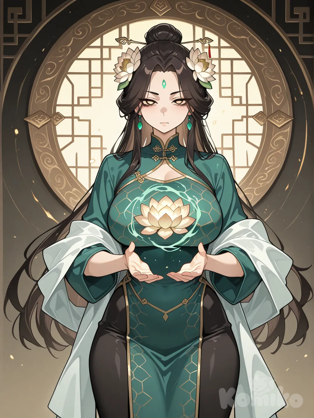 female, humanoid, spirit tortoise familiar, guardian beast, brown hair, shiny black hair, chignon, hair flowers, sharp eyes, chinese eyes, green chinese dress, qipao style, hexagonal pattern, turtle shell pattern, loose shawl, lotus flowers, healthy skin, bright skin, vivacious, kindhearted, selfless, mature female, fantasy character, earth magic, support magic, gravity magic, ancient magic, solemn expression, clothing, intricate patterns, anime style, high detail
