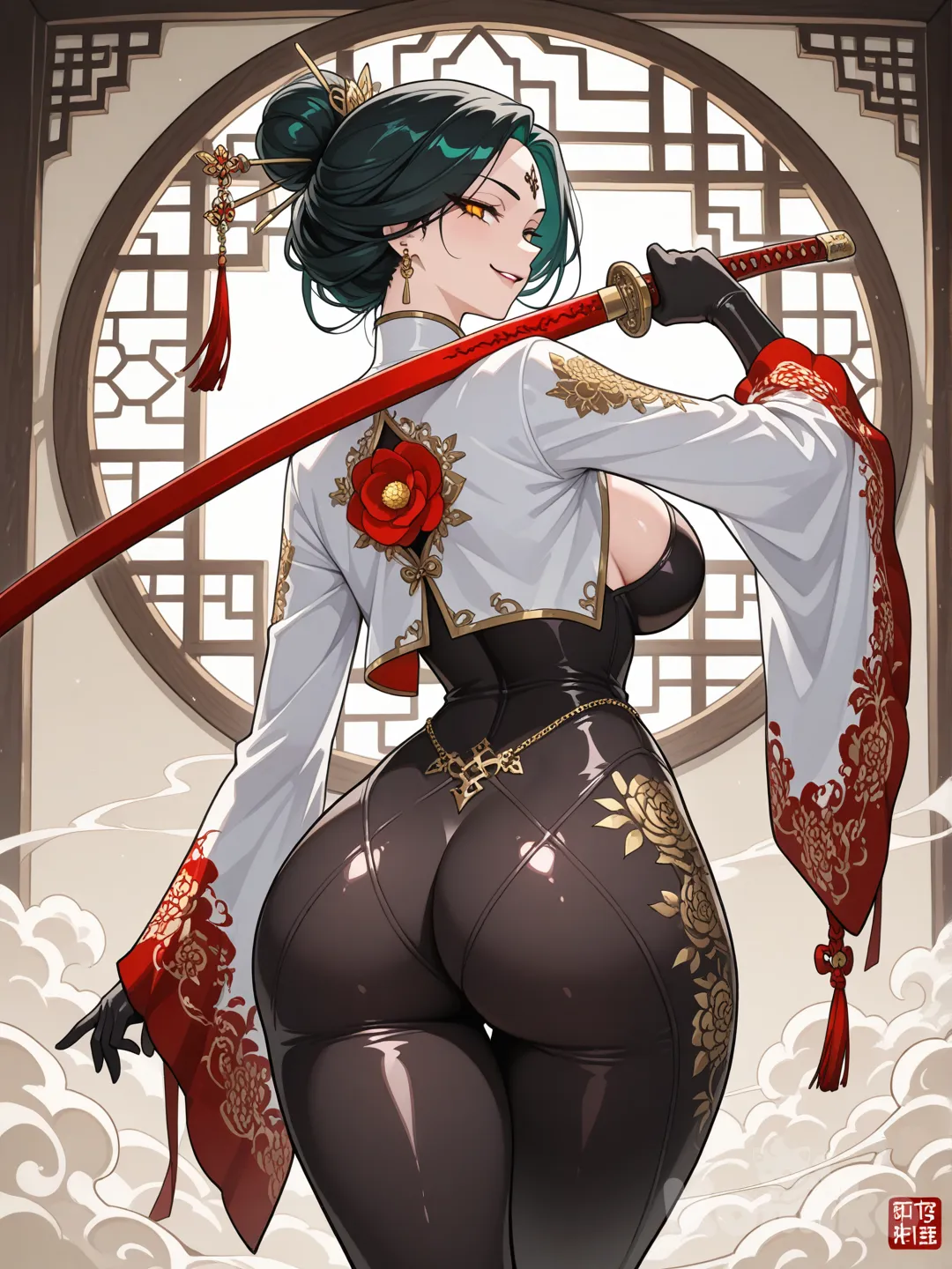 mature female, assassin, shadow lotus assassin, anime style, voluptuous hourglass figure, narrow waist, wide hips, full hips, exaggerated curves, jet black hair, elegant voluminous bun, loose strands, ornate gold hair stick, jade hair stick, dangling pearl chain, sharp amber brown eyes, piercing gaze, composed expression, back turned pose, looking over shoulder, standing pose, cropped white silk jacket, mandarin collar, wide sleeves, gold floral embroidery, red tassels, skin tight black bodysuit, glossy black fabric, leather sheen, second skin bodysuit, sheer black lace innerwear, thin velvet ribbons, minimal coverage, sword hilt, sheathed straight sword, jian sword, dark scabbard, decorative metal ornament, red tassel, traditional wooden lattice window, flowing white smoke, mist, red camellia flowers, gold embroidered patches, stoic expression, subtle dangerous smirk, intense glare, high specular highlights, contour emphasis, atmospheric intimacy, over the shoulder view, high detail, nsfw undertone