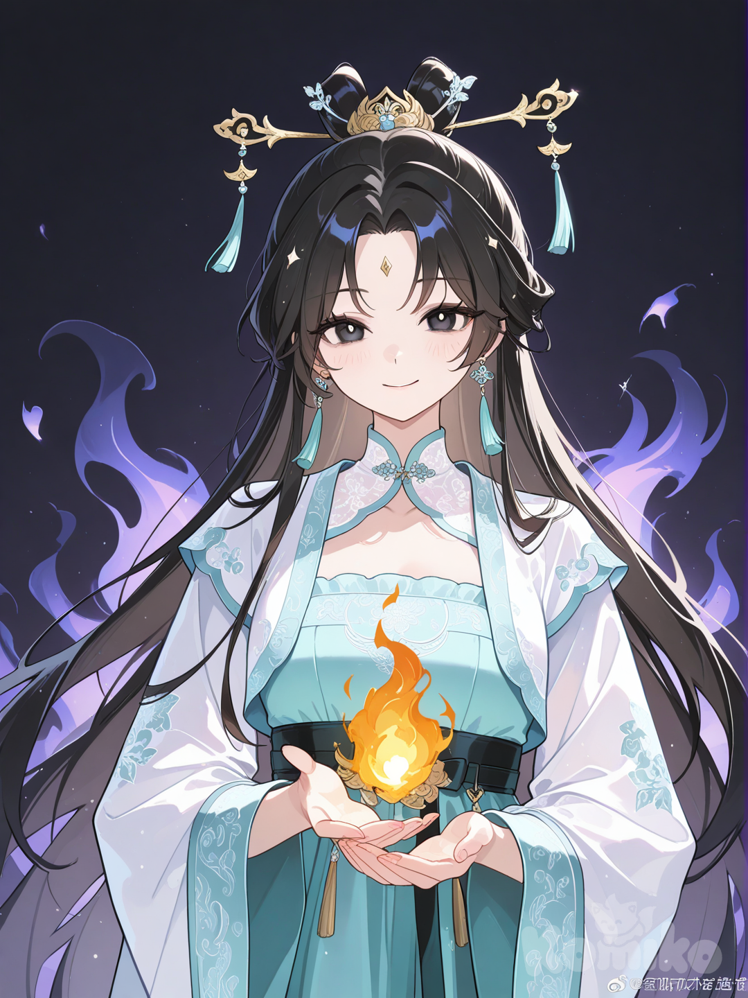 looking_at_viewer, chinese_clothes, long_sleeves, wide_sleeves, tassel_earrings, watermark, aura, fire, dark_aura, dress, earrings, black_eyes, smile, hair_ornament, jewelry, solo, 1girl, black_hair, hair_bun, long_hair, tassel