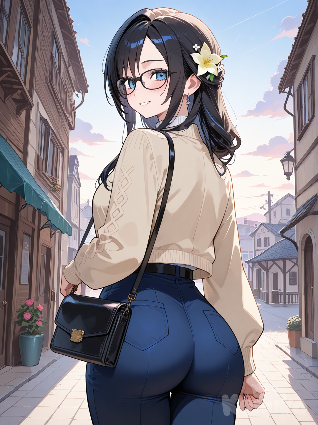 # glasses # black_hair # blue_eyes # blush # flower # looking_at_viewer # jacket # 1girl # bag # looking_back