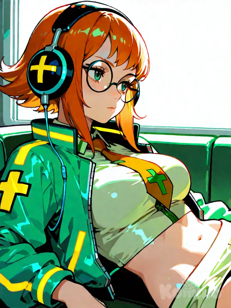 1girl, jet set radio, neon jacket, midriff, front facing, tie, round glasses, earphones