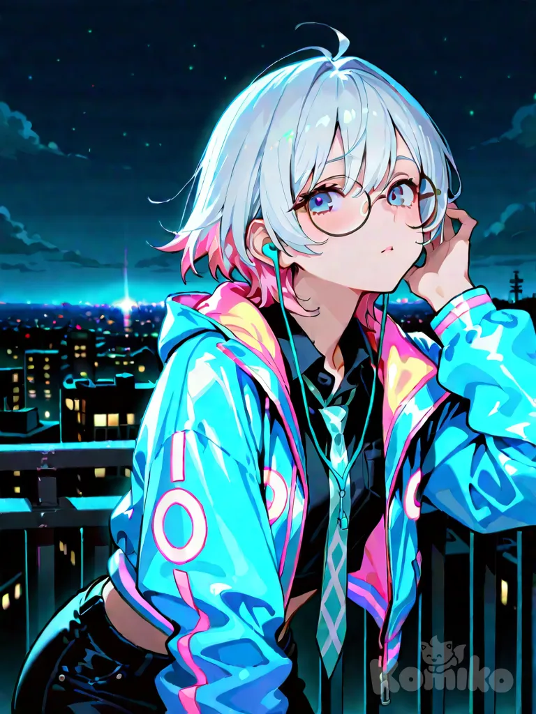 1girl, neon jacket, midriff, front facing, tie, round glasses, earphones, night, bright hair