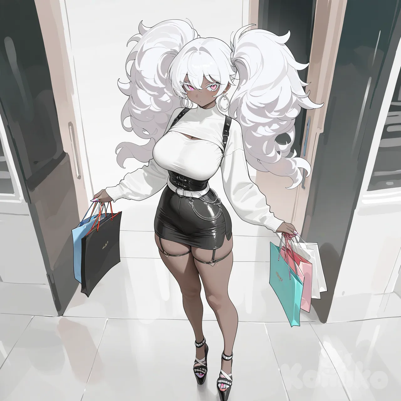1girl, very dark skin, white hair, fluffy hair, white lashes, big earrings, pale pink eyes, pastel, corset, skirt, painted nails, platform heels, iridescent, big belt, shopping, in city, large breasts, big ass, thin waist, garter straps, thick thighs, long legs, pigtails, upper body, from above