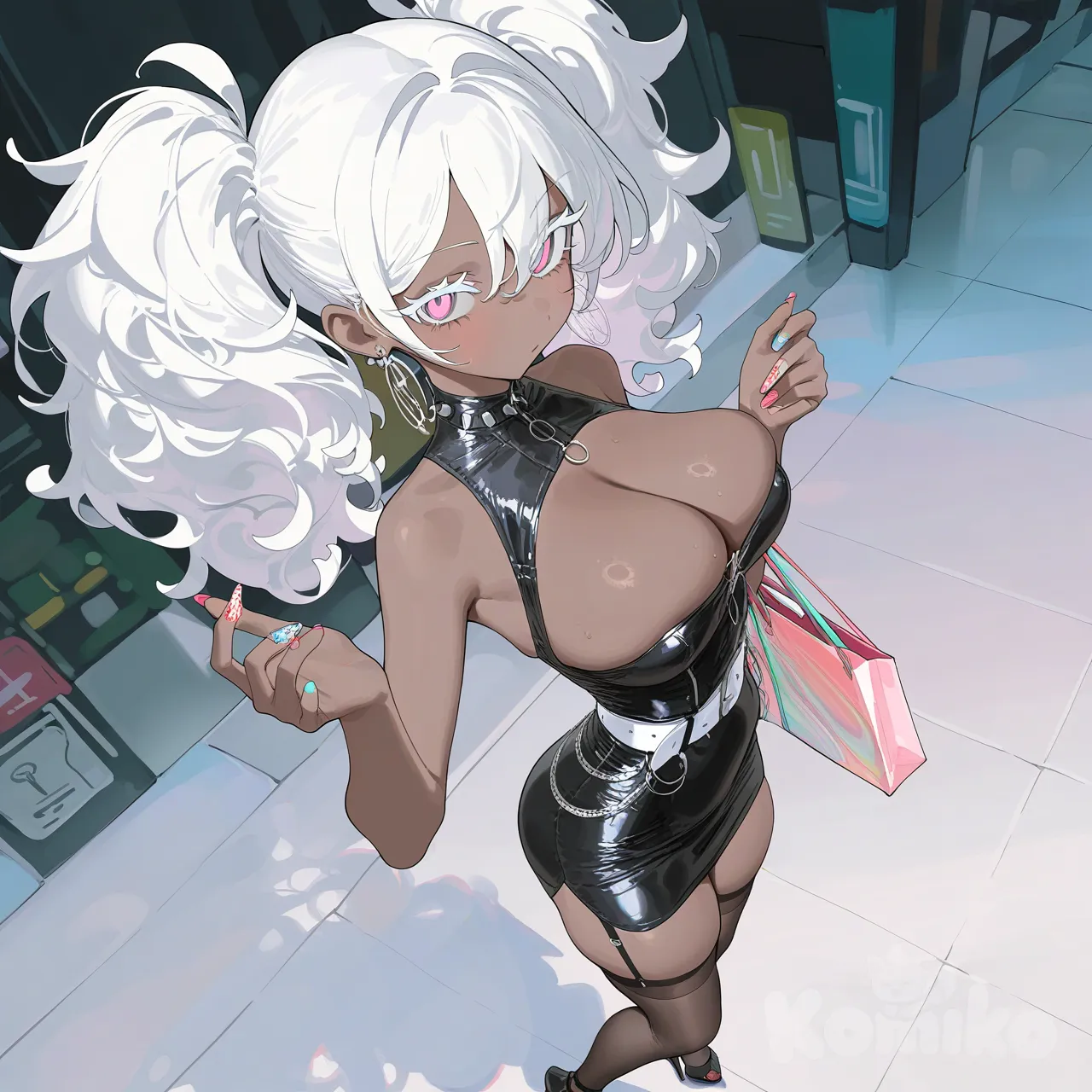 1girl, very dark skin, white hair, fluffy hair, white lashes, big earrings, pale pink eyes, pastel, corset, skirt, painted nails, platform heels, iridescent, big belt, shopping, in city, large breasts, big ass, thin waist, garter straps, thick thighs, long legs, pigtails, upper body, from above