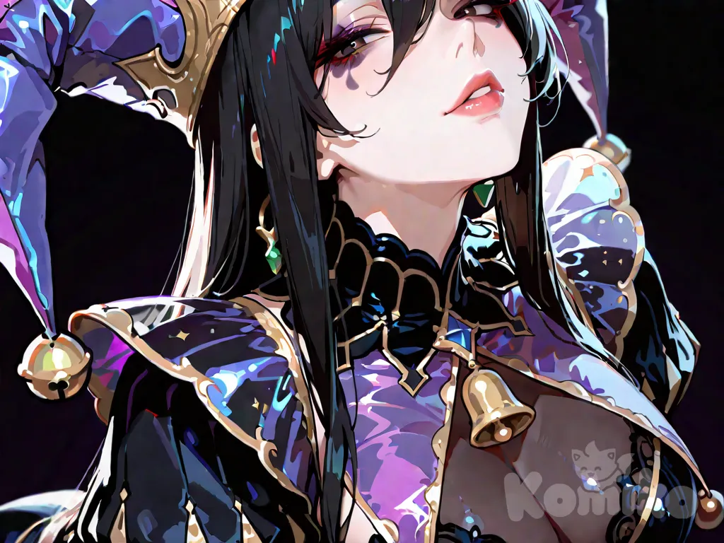 1girl, purple jester cap, black hair,jester makeup, alluring, mature, neutral face, purple costume, void background, sinister look, oppulent jewelry, seductive, close-up, from above, see-through cleavage, silk
