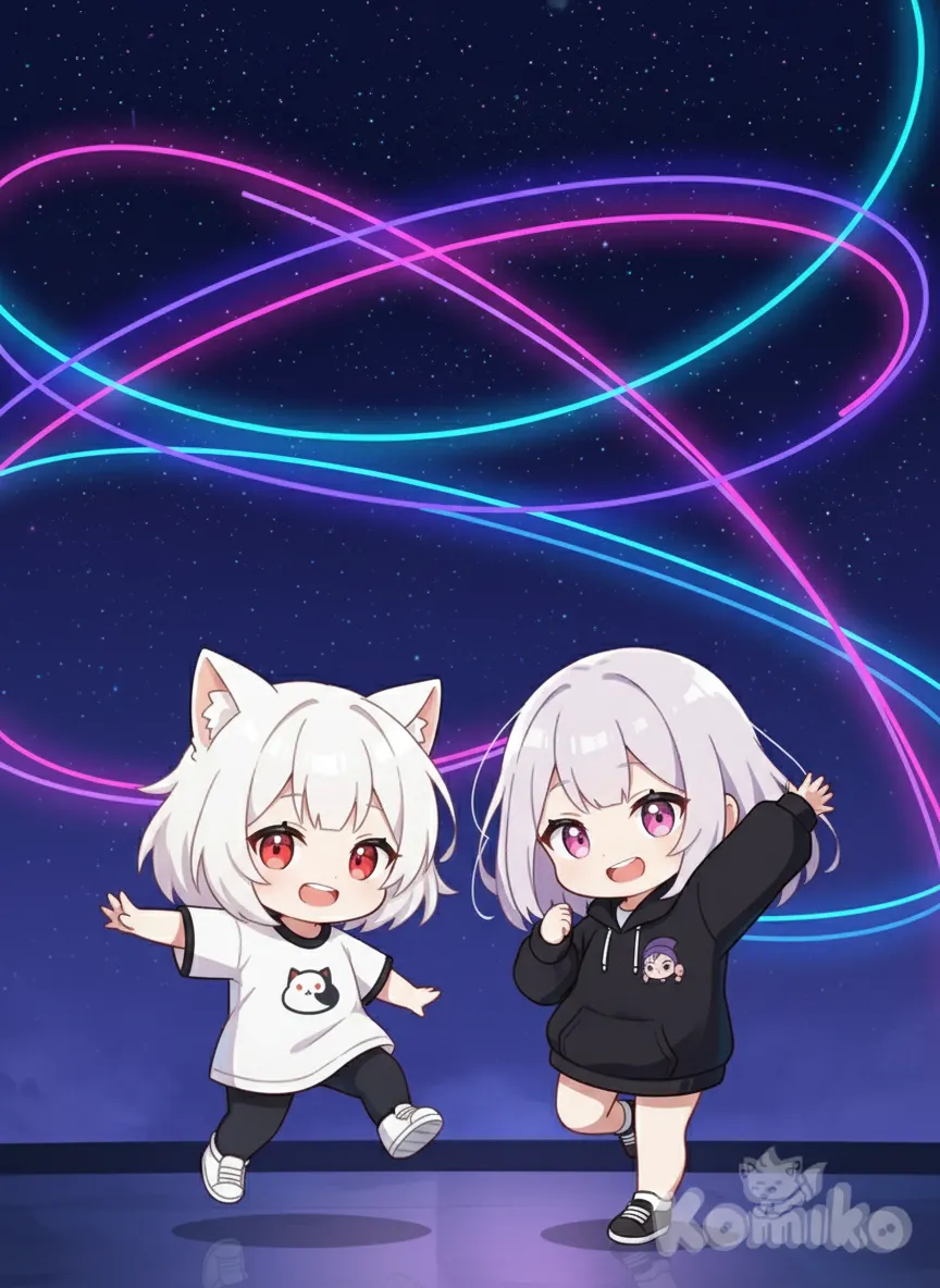 <skayler-king-oFJR>, <lucy-yuri-ZVzM>, chibi, dancing, looking at viewer, neon lights, starry sky, ambient light