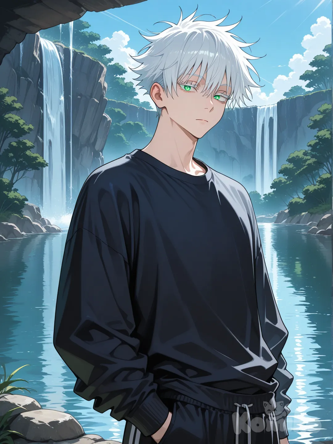 jujutsu kaisen style, white hair, glowing green eyes, white eyelashes, black loose long-sleeved shirt, black sweatpants, expressionless man bun, headshot, looking at viewer, 1boy, day, lake, waterfall, blue sky