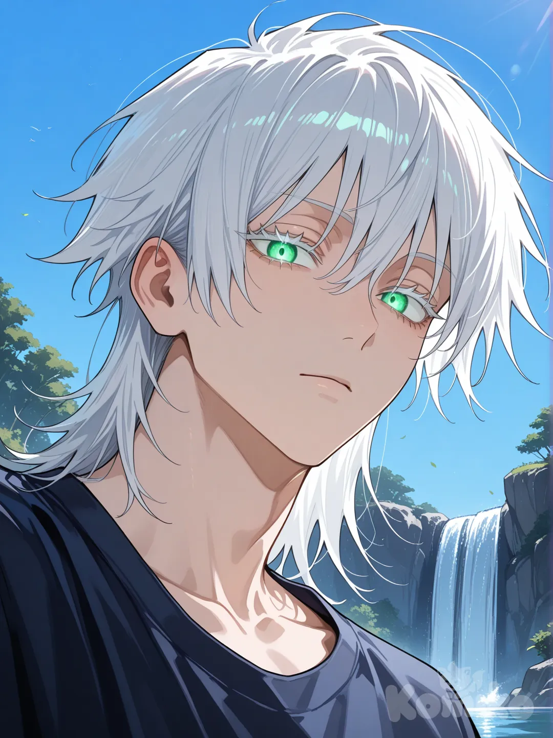 jujutsu kaisen style, white hair, glowing green eyes, white eyelashes, black loose long-sleeved shirt, black sweatpants, expressionless, medium length hair, headshot, looking at viewer, 1boy, day, lake, waterfall, blue sky