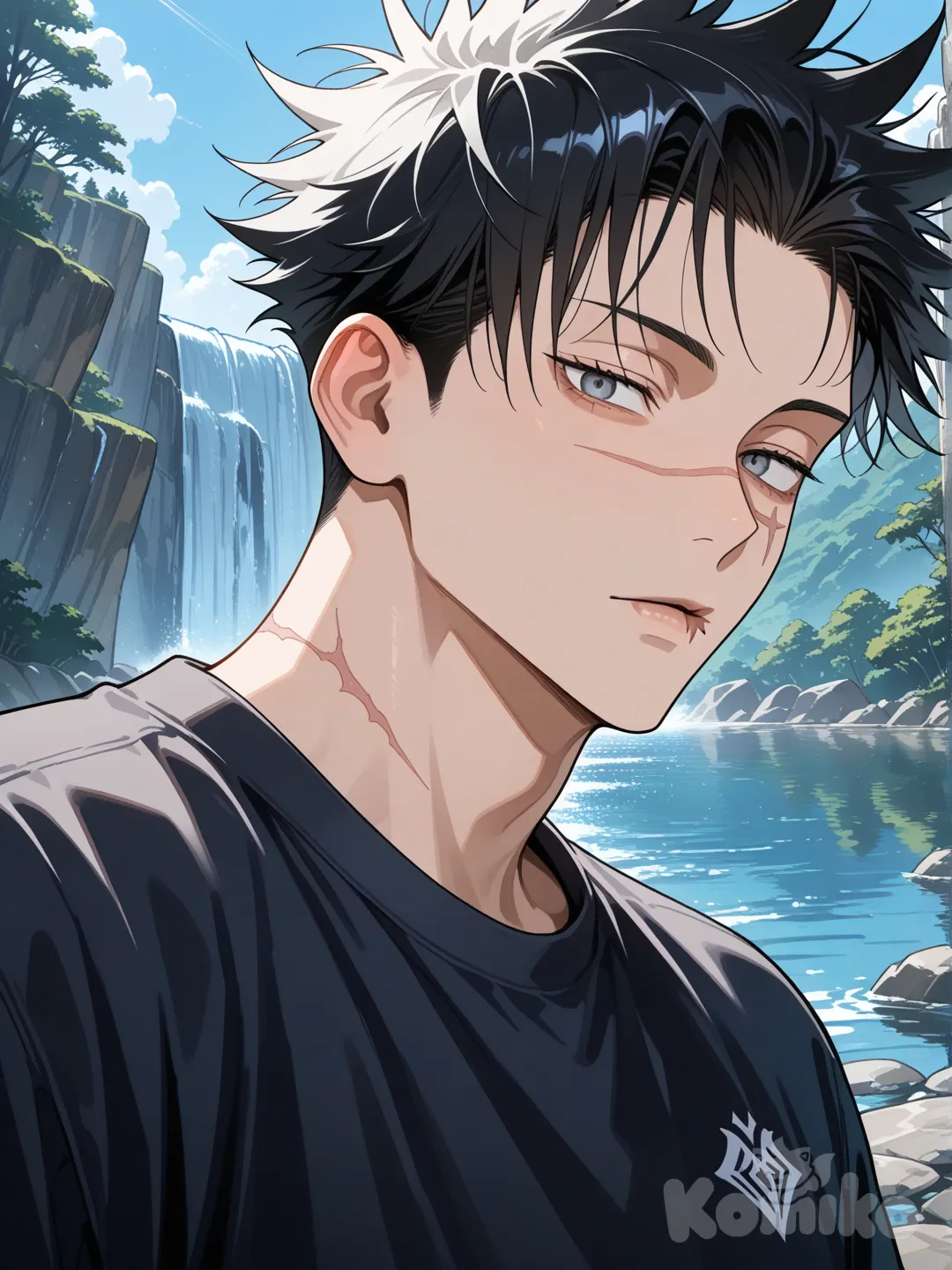 jujutsu kaisen style, black hair, grey eyes, black shirt, black sweatpants, expressionless, looking at viewer, 1boy, day, lake, waterfall, blue sky, short spiky hair, scarred lip, headshot