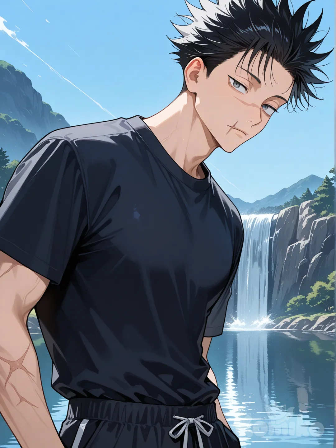 jujutsu kaisen style, black hair, grey eyes, black shirt, black sweatpants, expressionless, looking at viewer, 1boy, day, lake, waterfall, blue sky, short spiky hair, scarred lip, headshot