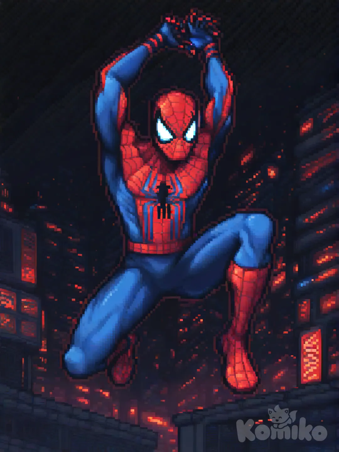 Spider-Man, 1boy, [soft-pixel-art-style], upper body, backlight, city lights, night, cityscape