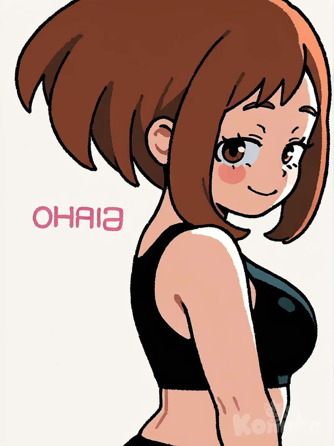 @Uraraka_Ochako, 1girl, black sporty bra, black buruma (black underwear), buruma, rubber buruma, [thick-outline-style], upper body, side light, white background, half closed eyes, smile